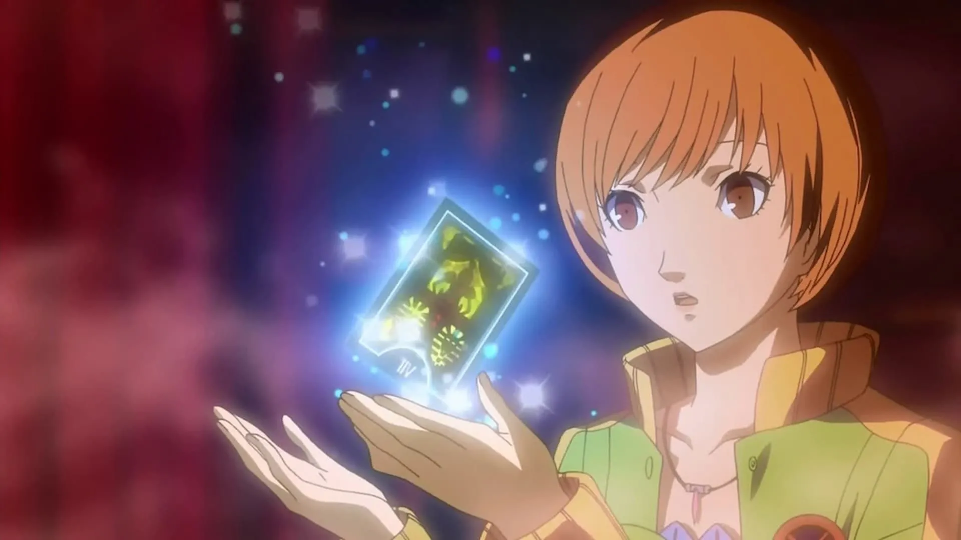 Nhân vật Chie Satonaka trong anime Persona 4 cầm lá bài Tarot