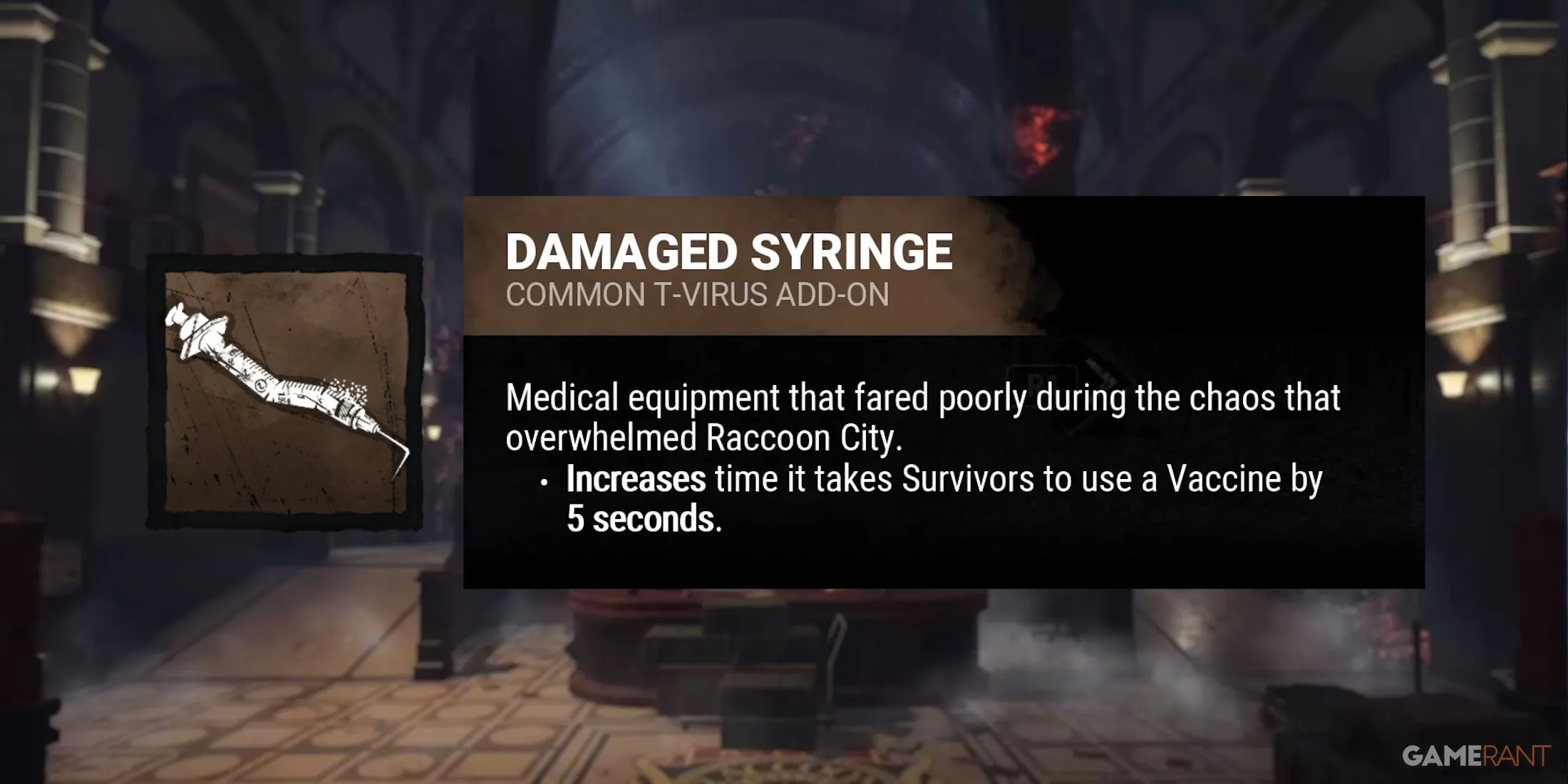 Add-on Damaged Syringe của Nemesis trong Dead by Daylight, giúp kiểm soát nạn nhân bị nhiễm virus