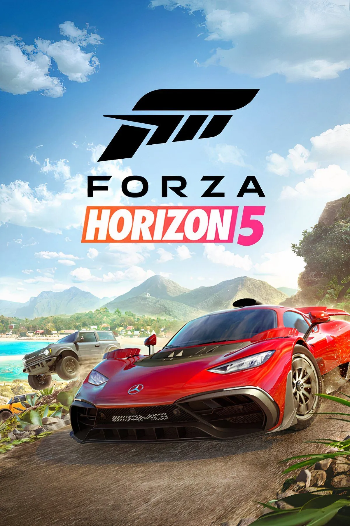 Ảnh bìa Forza Horizon 5 với siêu xe đang drift trên nền cảnh quan Mexico