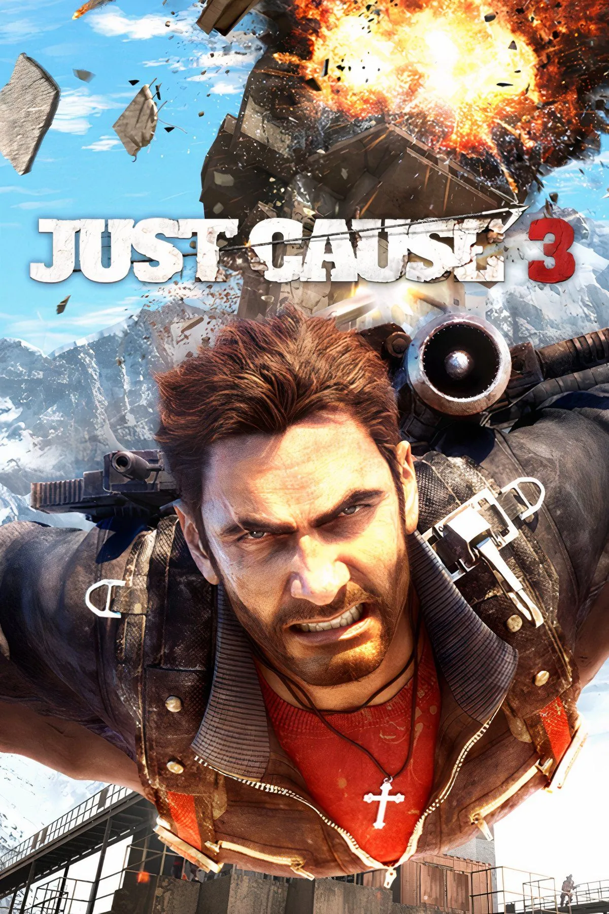 Ảnh bìa game Just Cause 3 với nhân vật Rico Rodriguez đang thực hiện hành động gây nổ đặc trưng