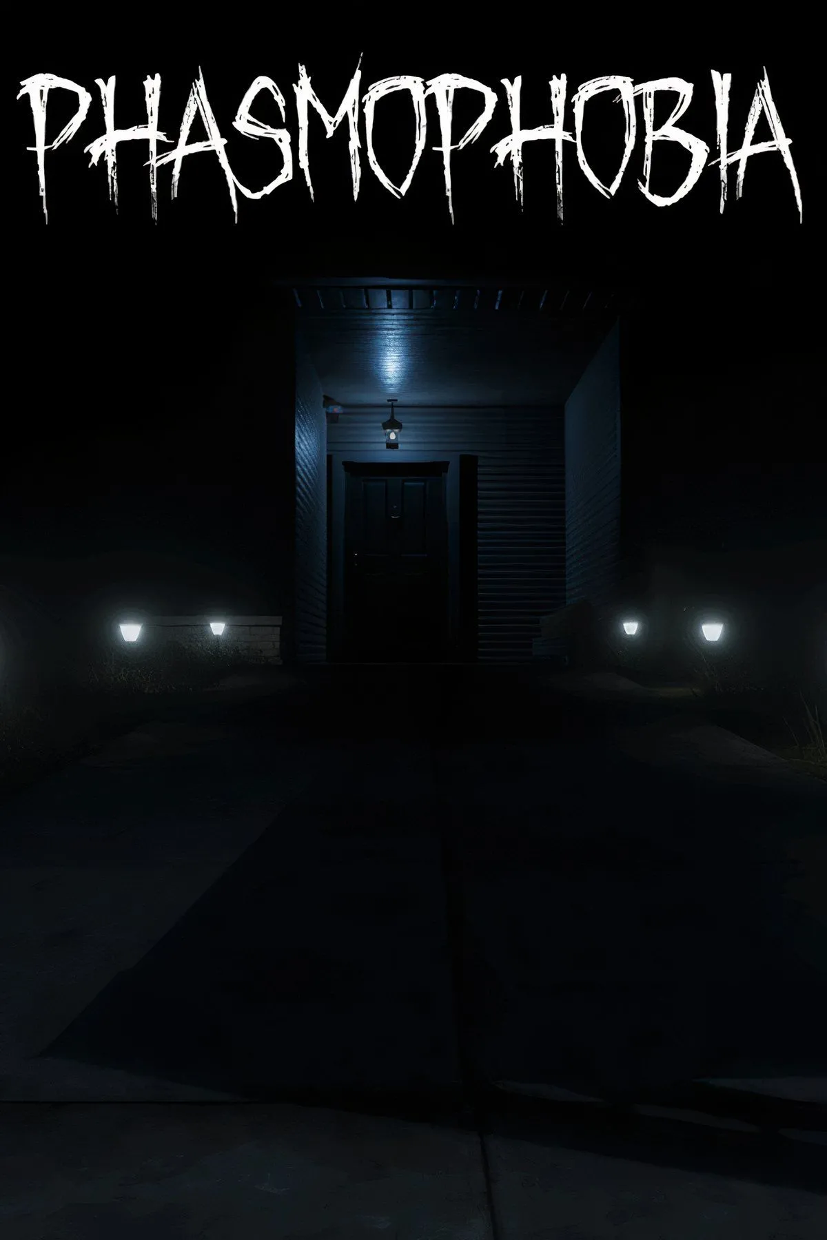 Ảnh bìa game kinh dị Phasmophobia với đèn pin và dụng cụ săn ma