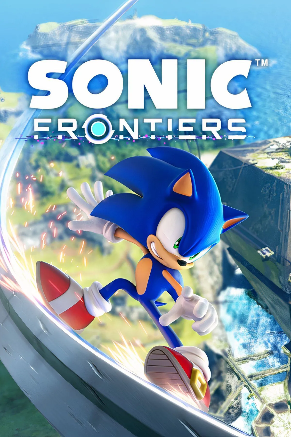Ảnh bìa game Sonic Frontiers với Sonic chạy trong thế giới mở đầy thử thách