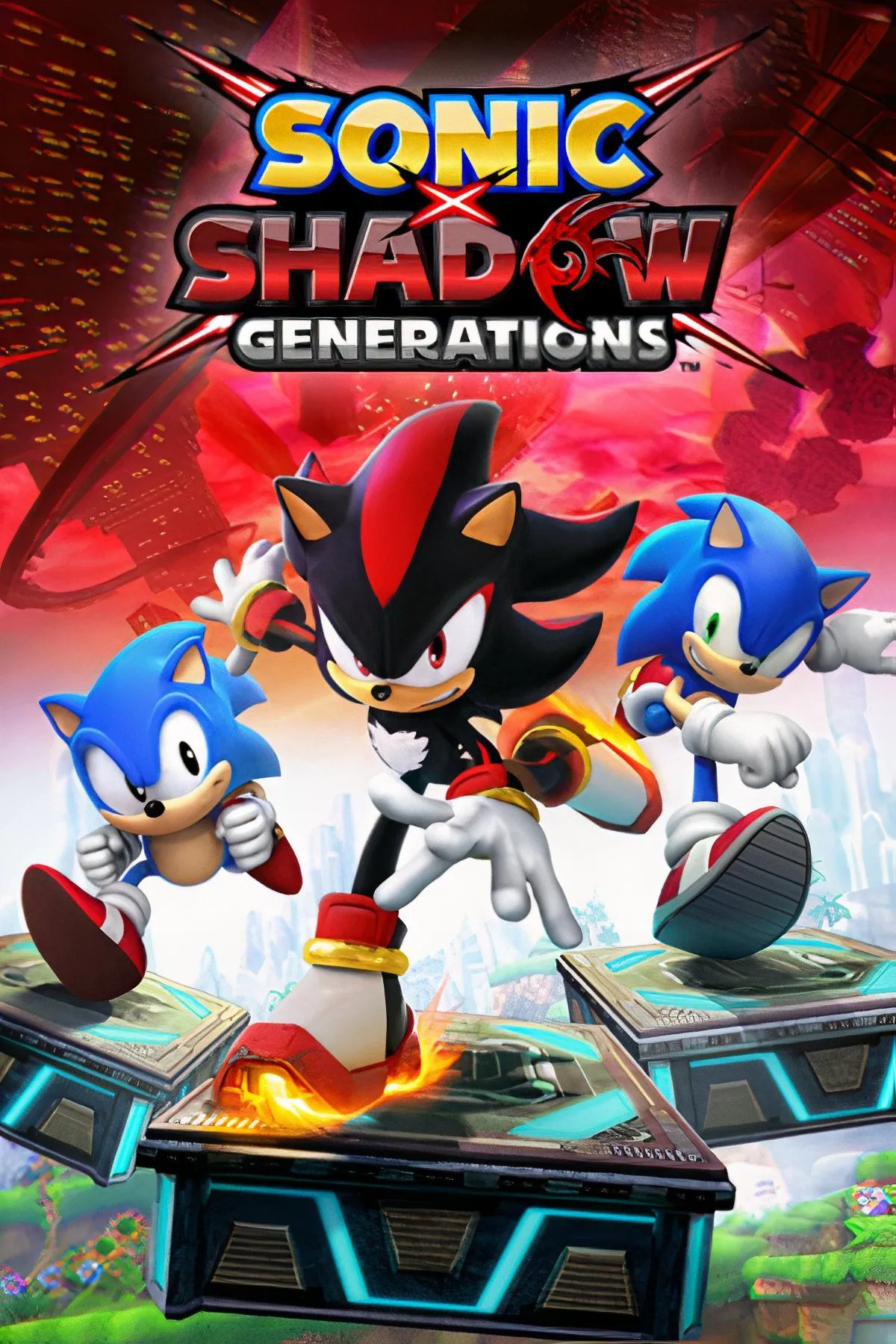 Ảnh bìa game Sonic X Shadow Generations, tái hiện các màn chơi kinh điển