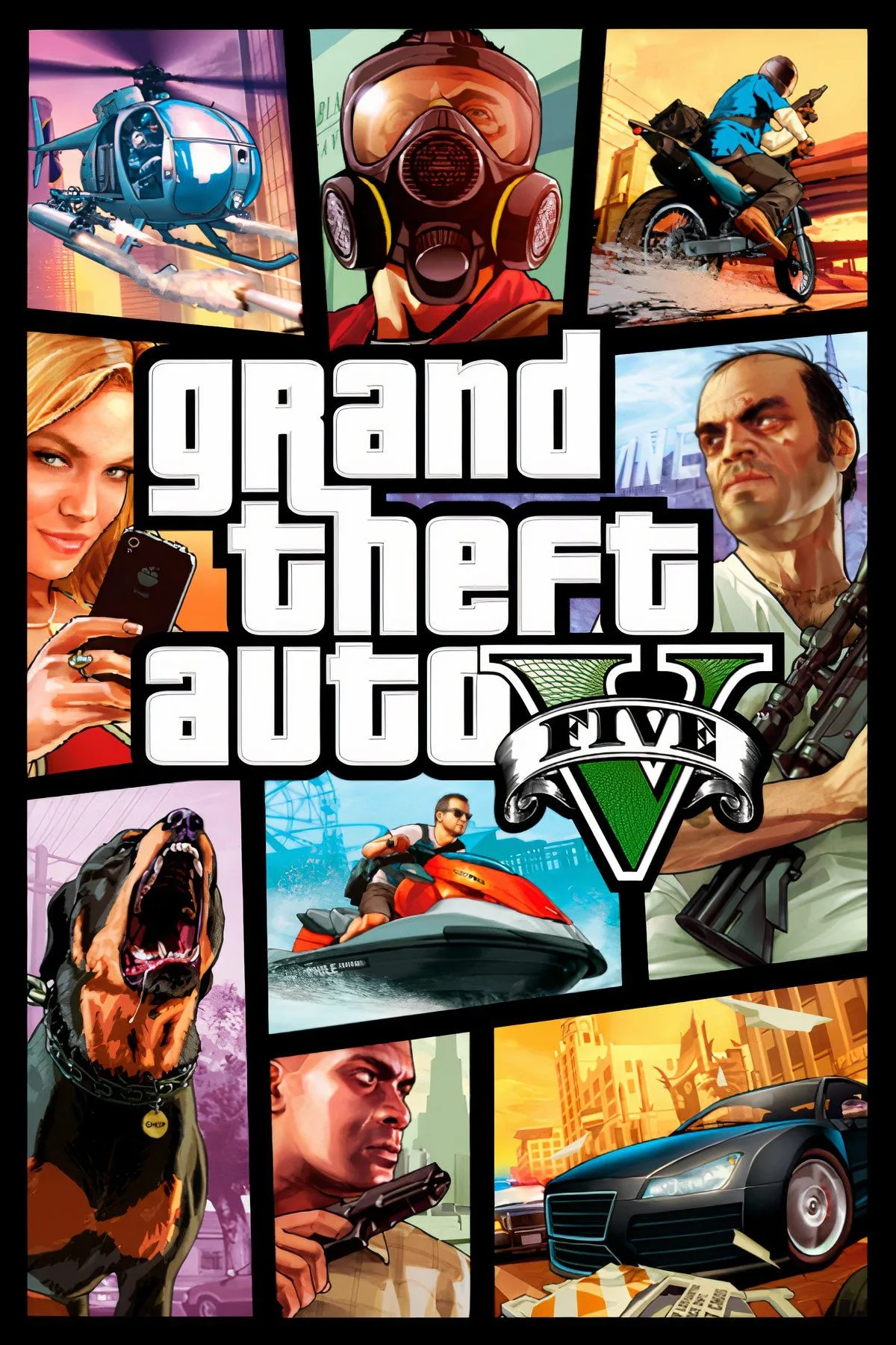 Ảnh bìa Grand Theft Auto 5 với ba nhân vật chính Michael, Trevor và Franklin