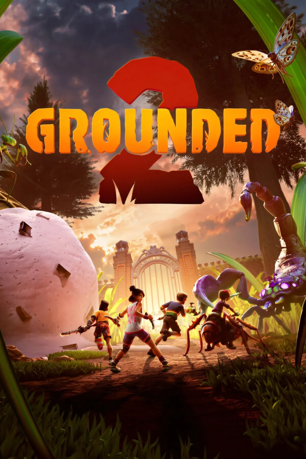 Ảnh bìa tổng quan Grounded 2, thể hiện thế giới game thu nhỏ và côn trùng khổng lồ.