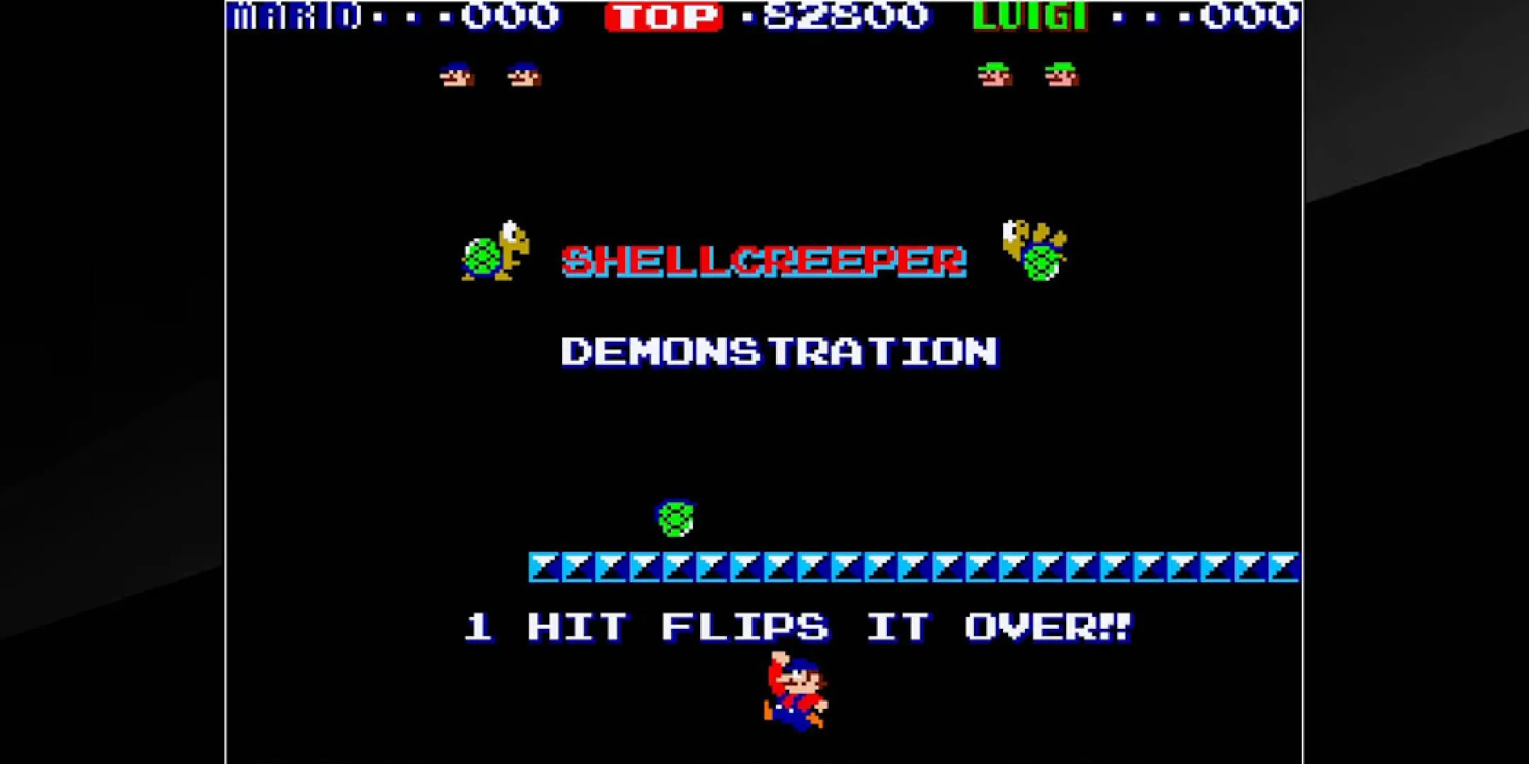 Ảnh chụp màn hình game Mario Bros trên máy arcade cổ điển, thể hiện lối chơi platformer đơn giản.