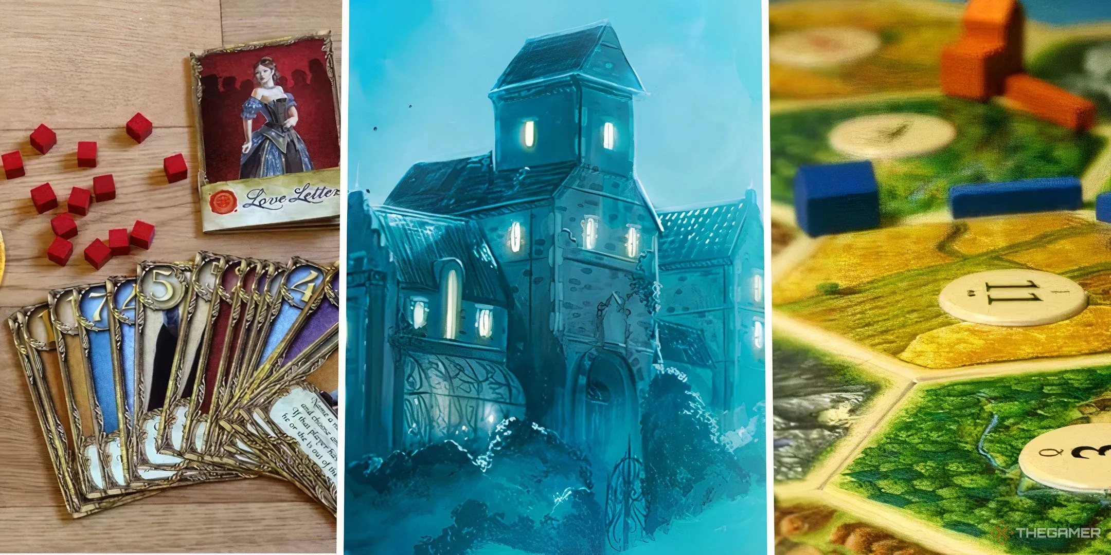 Ảnh ghép ba board game Love Letter, Mysterium và Catan, thể hiện sự đa dạng của các game hội đồng mà người chơi thường mắc lỗi luật.