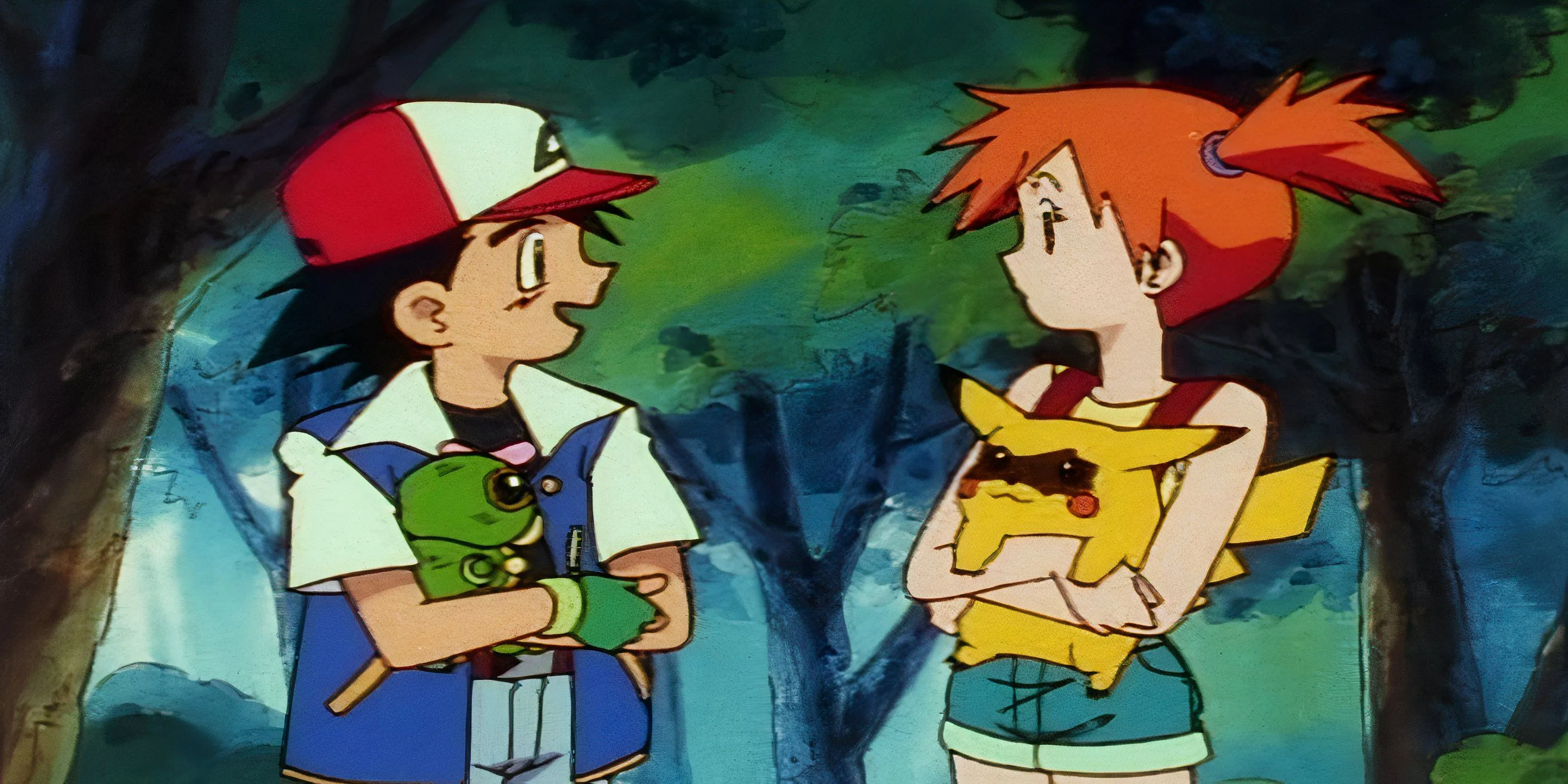 Ash ôm Caterpie nhìn Misty, người đang bế Pikachu với khuôn mặt dính mực, biểu tượng cho việc khám phá và thu thập Pokémon.