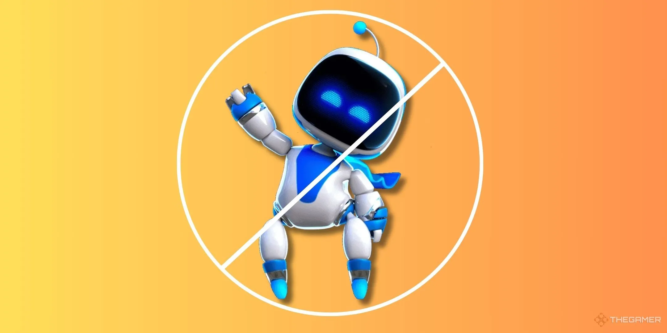 Astro Bot trên nền cam với biển báo dừng, liên quan đến các biểu tượng PlayStation.