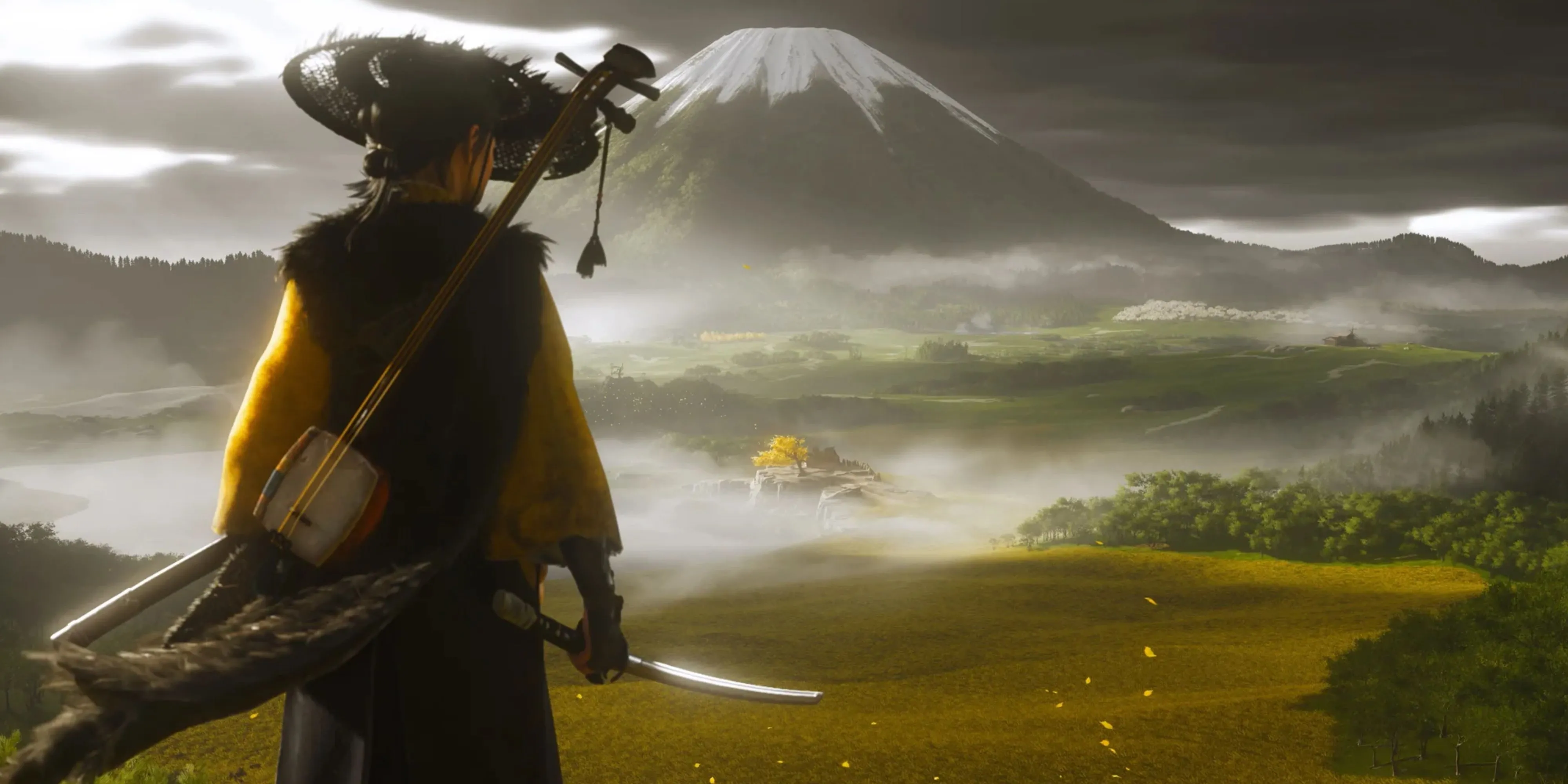 Atsu, nữ anh hùng mới của Ghost of Yotei, đứng trước khung cảnh núi non hùng vĩ.