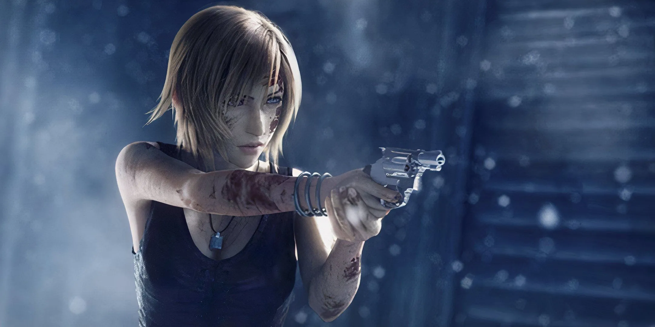 Aya Brea cầm súng dính máu trong tựa game The 3rd Birthday