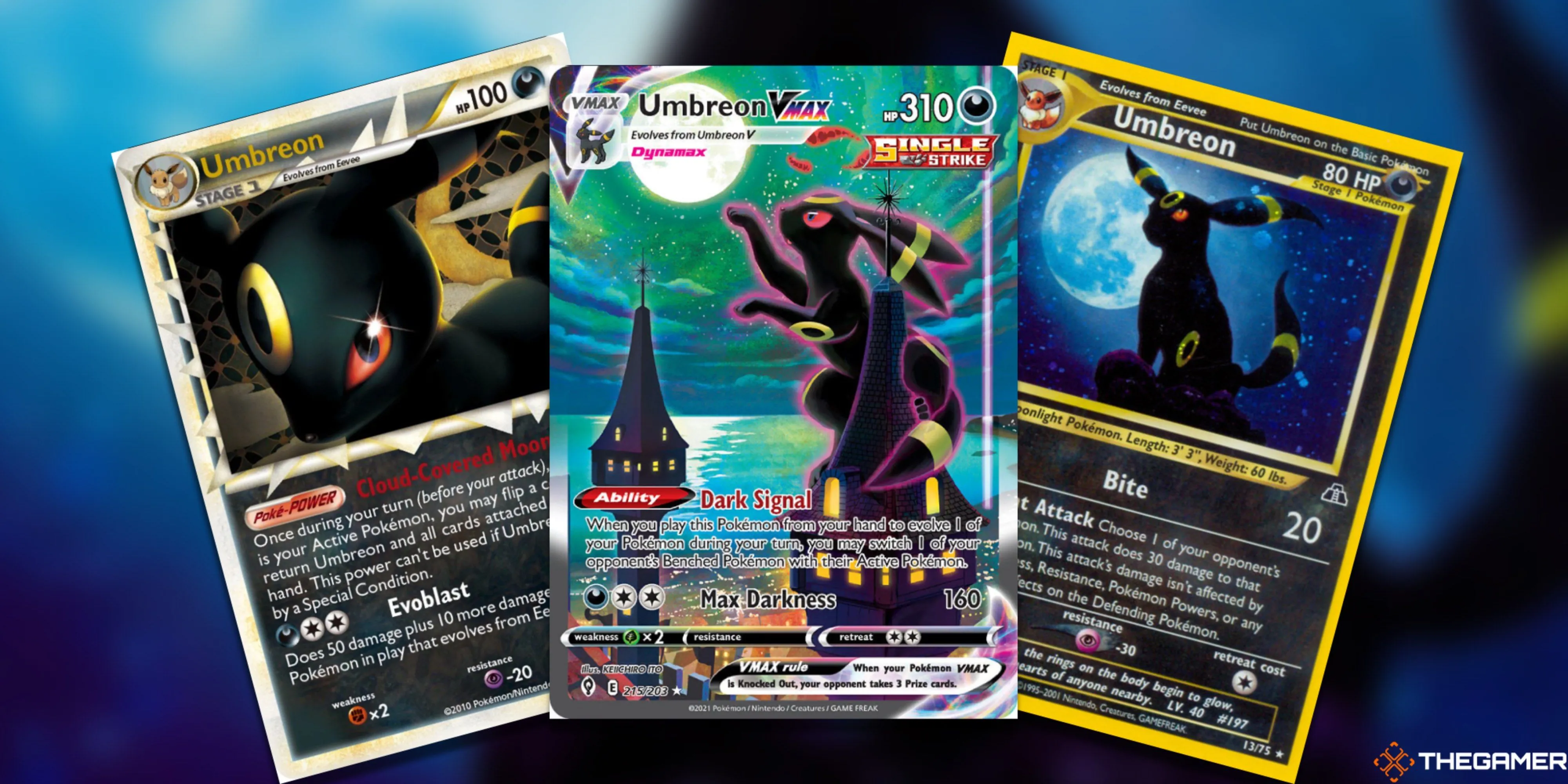 Ba lá bài Pokemon TCG Moonbreon (Umbreon VMAX Alt Art) xếp quạt, biểu tượng cho những thẻ bài giá trị cao thường được ép để tăng giá trị.