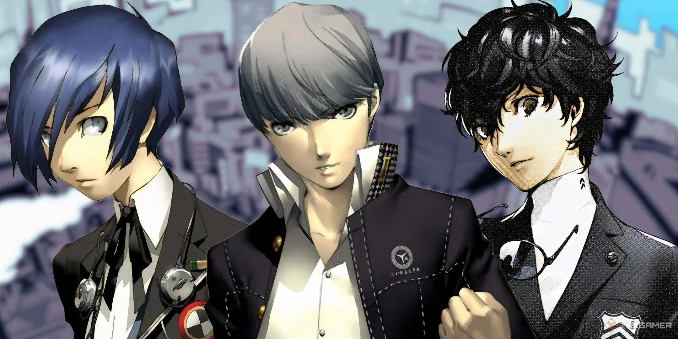 Ba nhân vật chính của Persona 3, Persona 4 và Persona 5 nổi bật trên nền lịch game Persona 5 mờ ảo, biểu tượng cho thời gian và những tựa game còn dang dở.