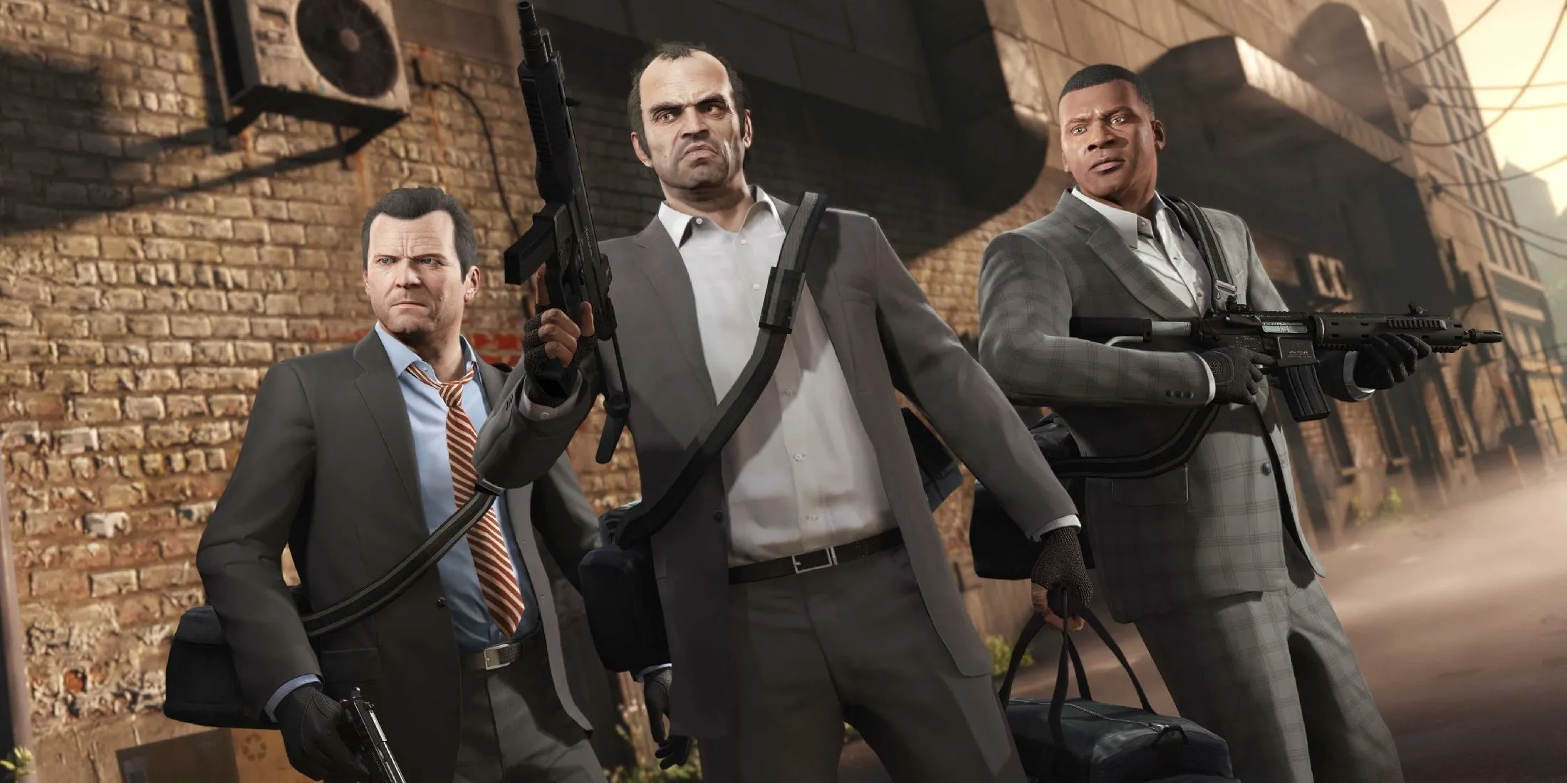 Ba nhân vật chính Michael, Trevor, Franklin trong một cảnh cắt từ Grand Theft Auto 5