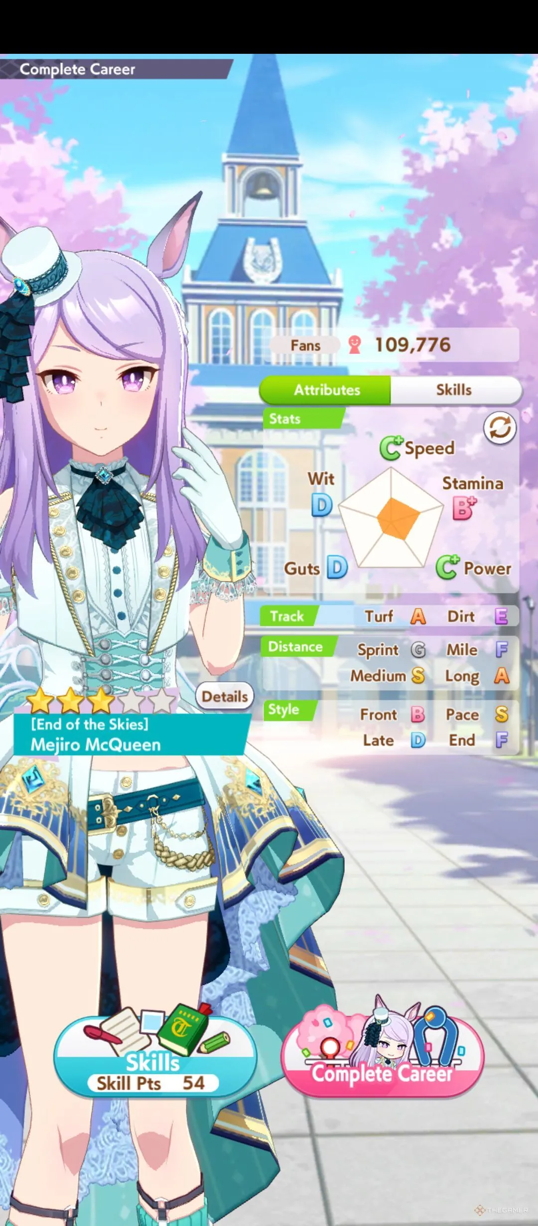 Bảng chỉ số tối ưu của Mejiro McQueen End of the Skies trong Umamusume Pretty Derby.