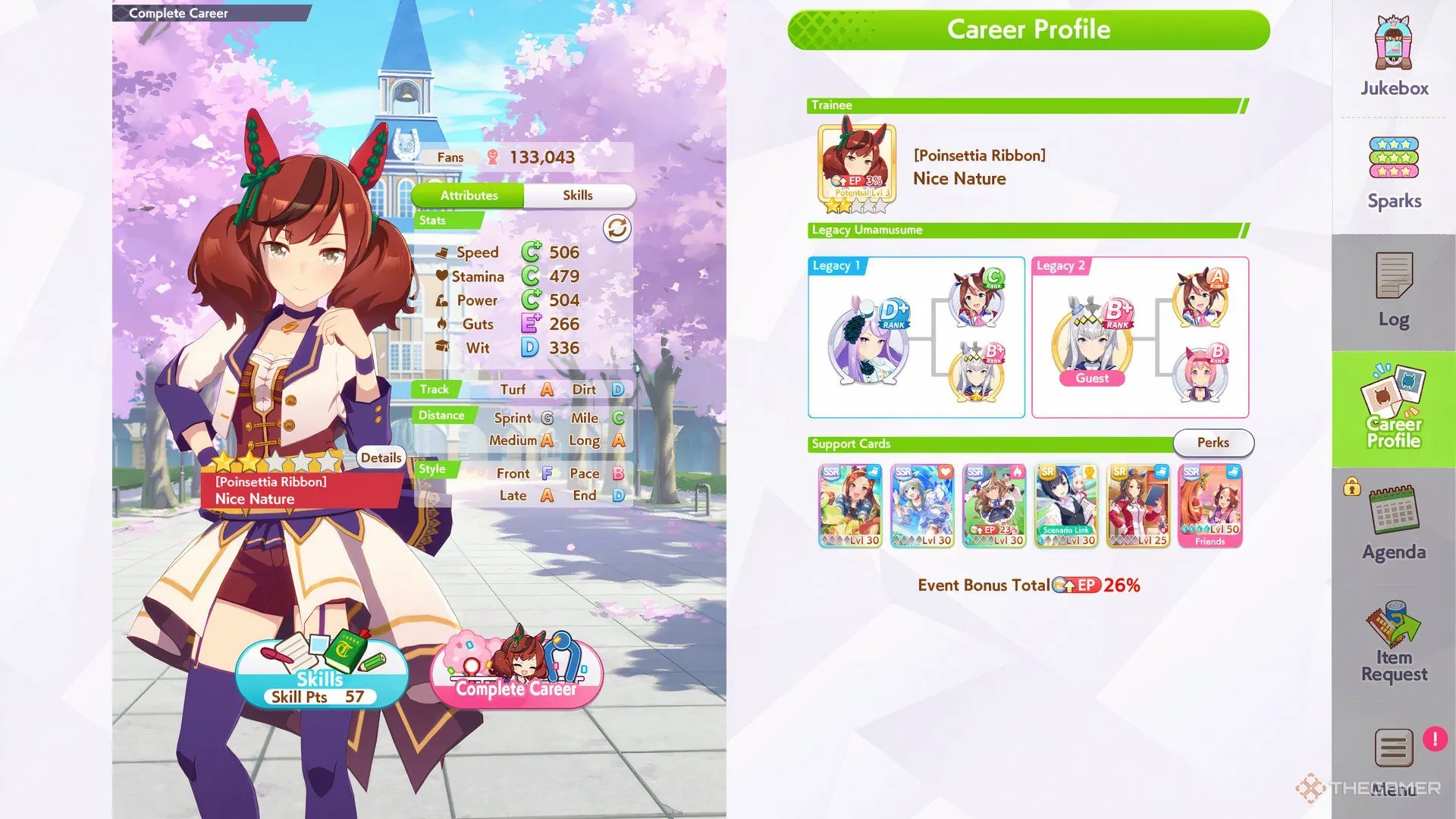 Bảng chỉ số tối ưu (Speed, Stamina, Power) của Nice Nature trong Umamusume Pretty Derby.