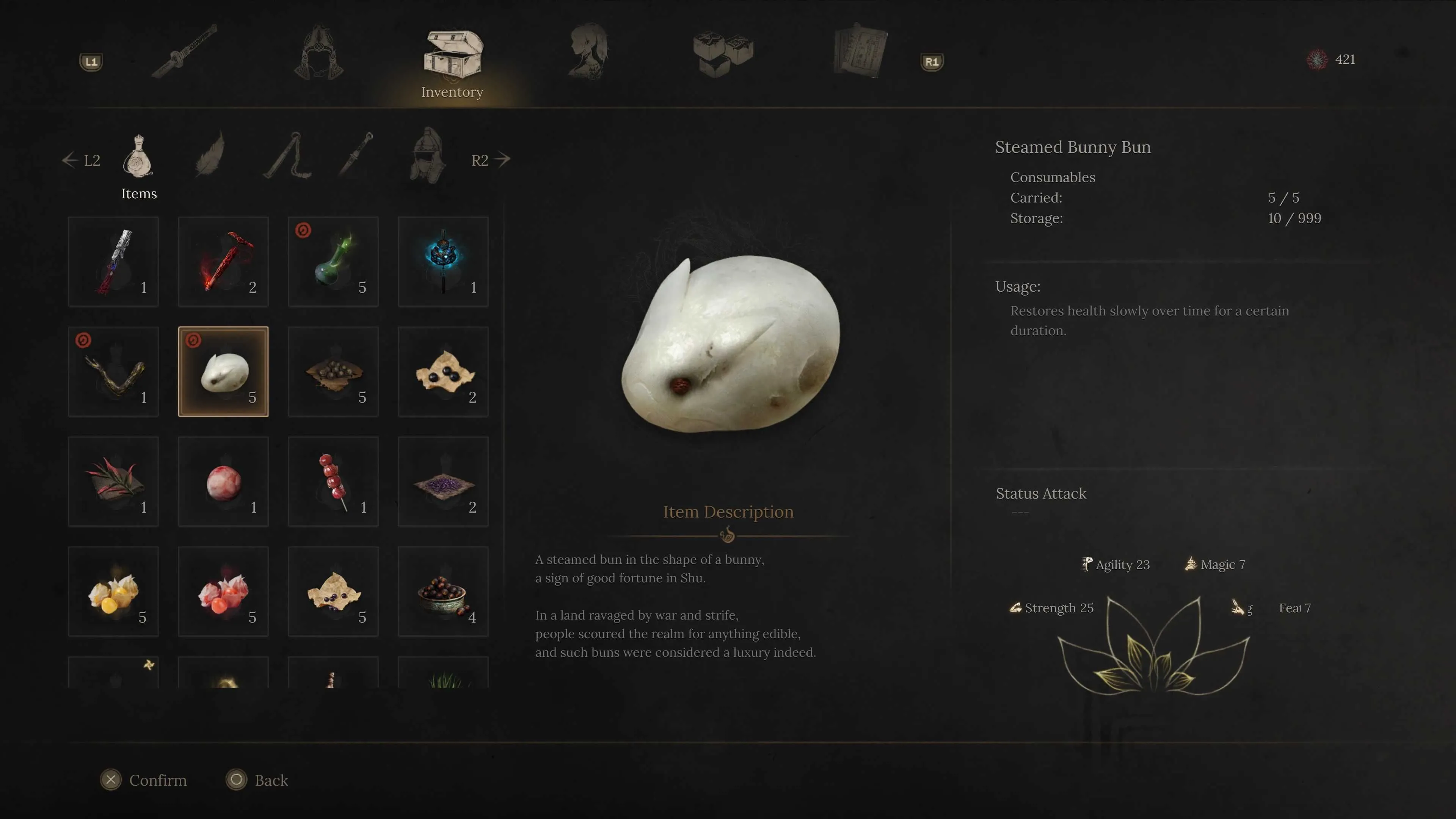 Bánh bao thỏ hấp, một vật phẩm hồi máu phụ trong game Wuchang Fallen Feathers.