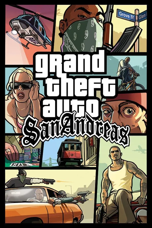Bìa game Grand Theft Auto: San Andreas nổi bật với các nhân vật chính.