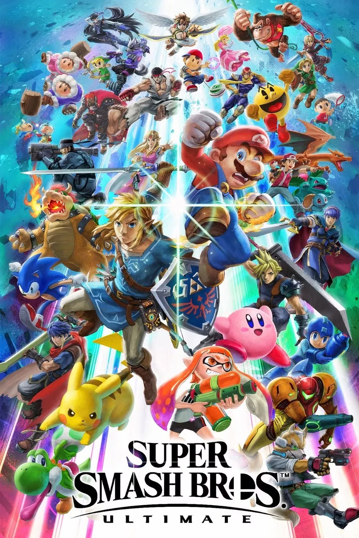 Bìa game và dàn nhân vật khổng lồ của Super Smash Bros. Ultimate, game đối kháng kinh điển của Nintendo