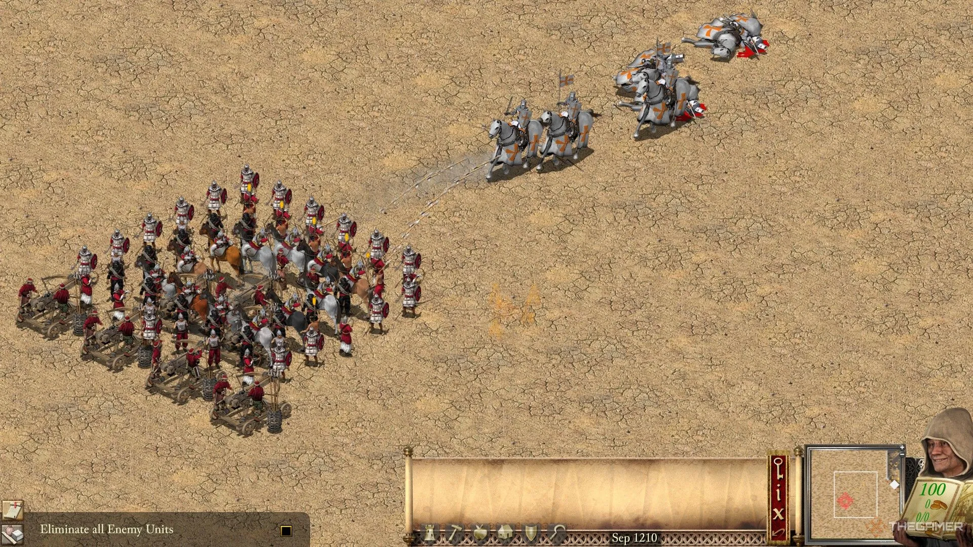 Binh đoàn hỏa tiễn Ả Rập chặn đứng đội kỵ binh Thập Tự Chinh trong Stronghold Crusader Definitive Edition.