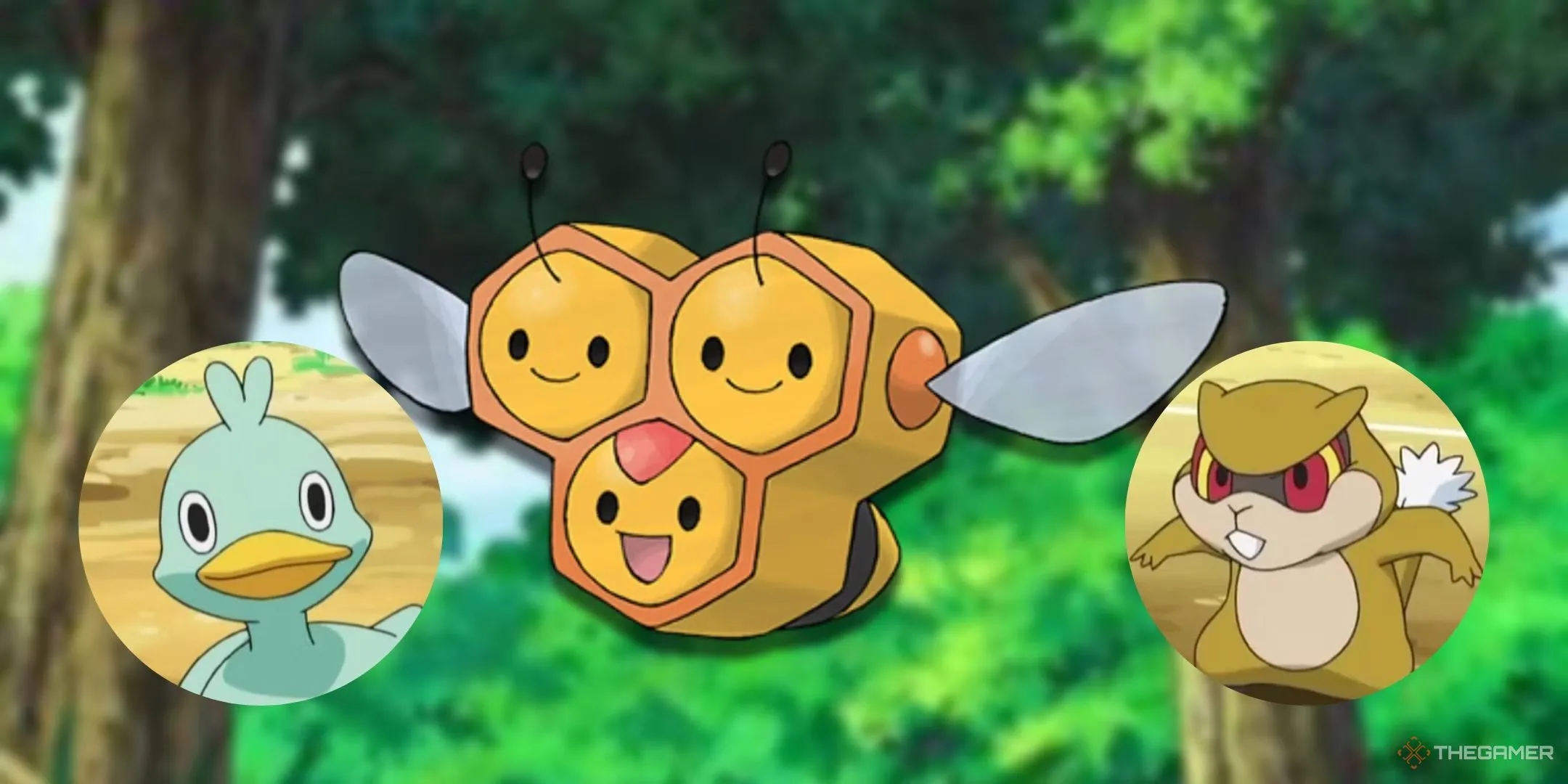 Bộ ba Pokémon Combee, Patrat và Ducklett với đồ họa 2D pixel sống động