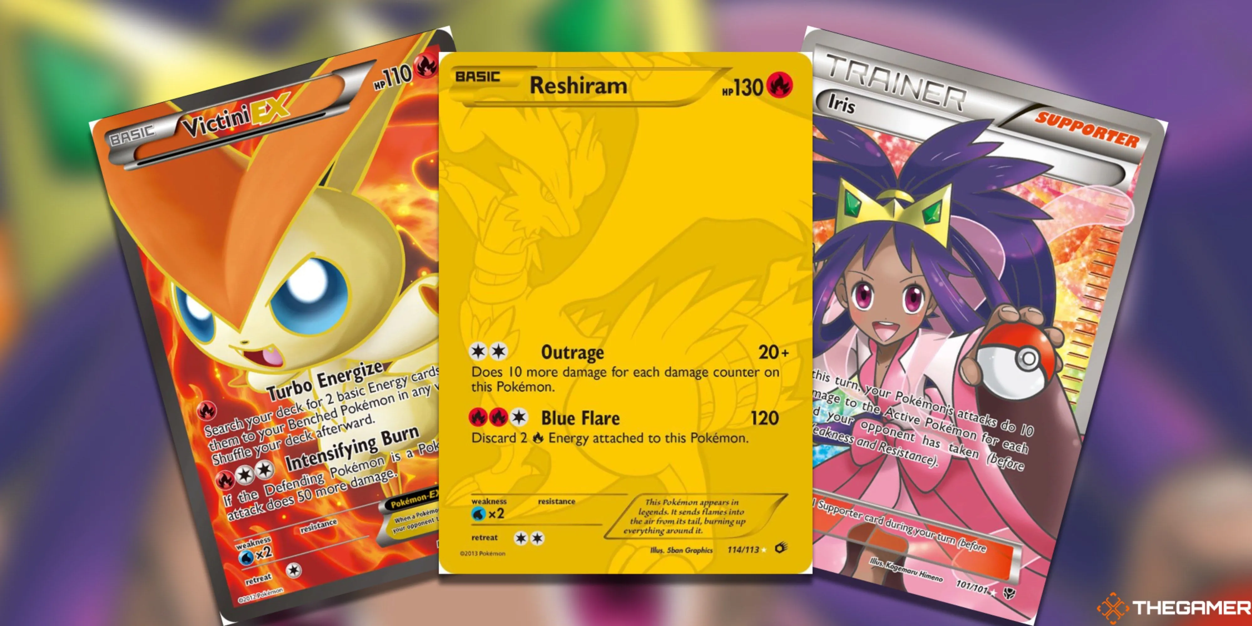 Bộ ba thẻ bài Pokemon TCG đến từ vùng Unova gồm Victini EX, Reshiram và Iris.