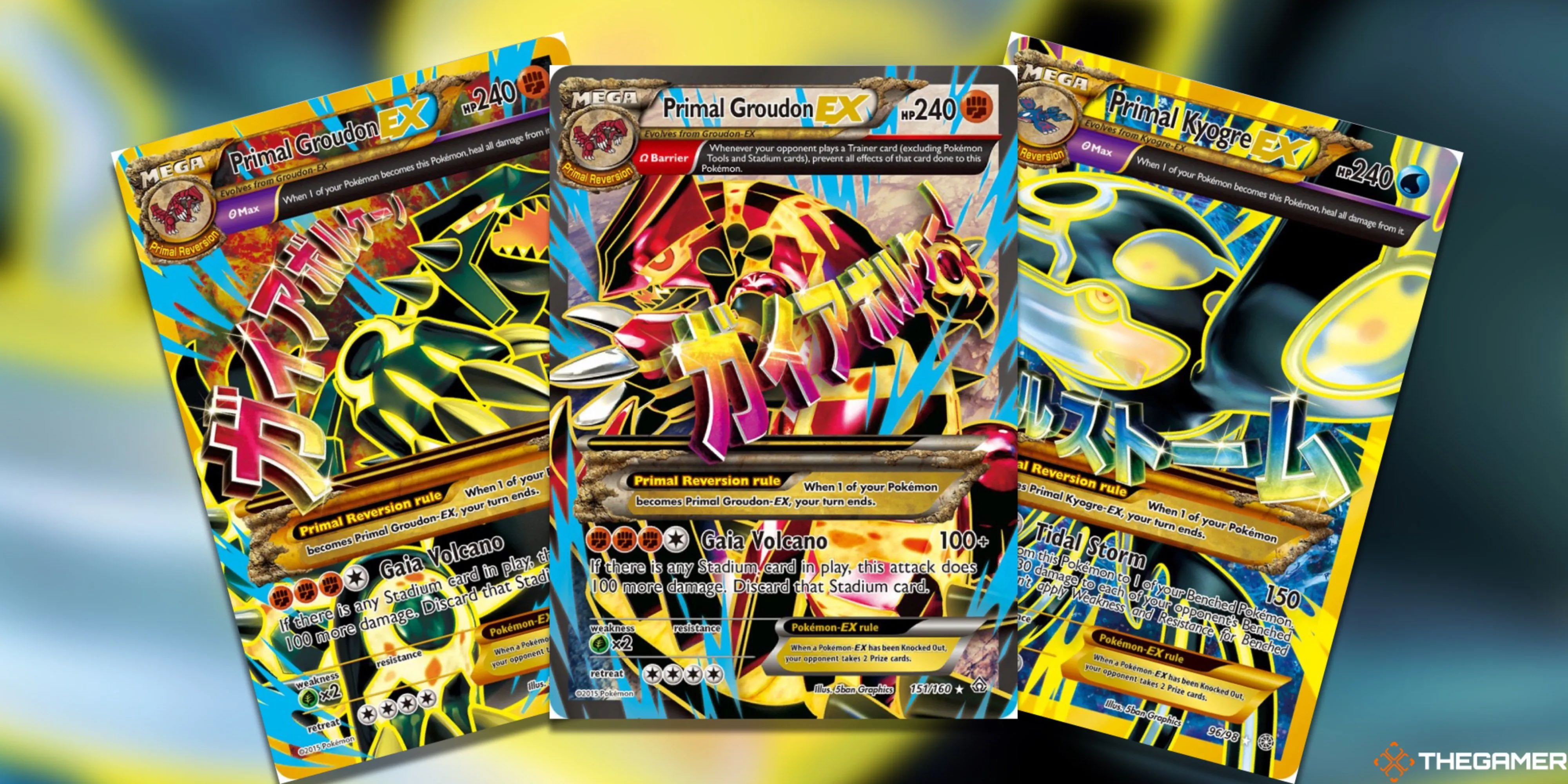Bộ ba thẻ bài Primal Pokemon: Primal Groudon EX Shiny Full Art, Primal Groudon EX Ultra Rare, và Primal Kyogre EX Shiny Full Art từ Pokemon TCG