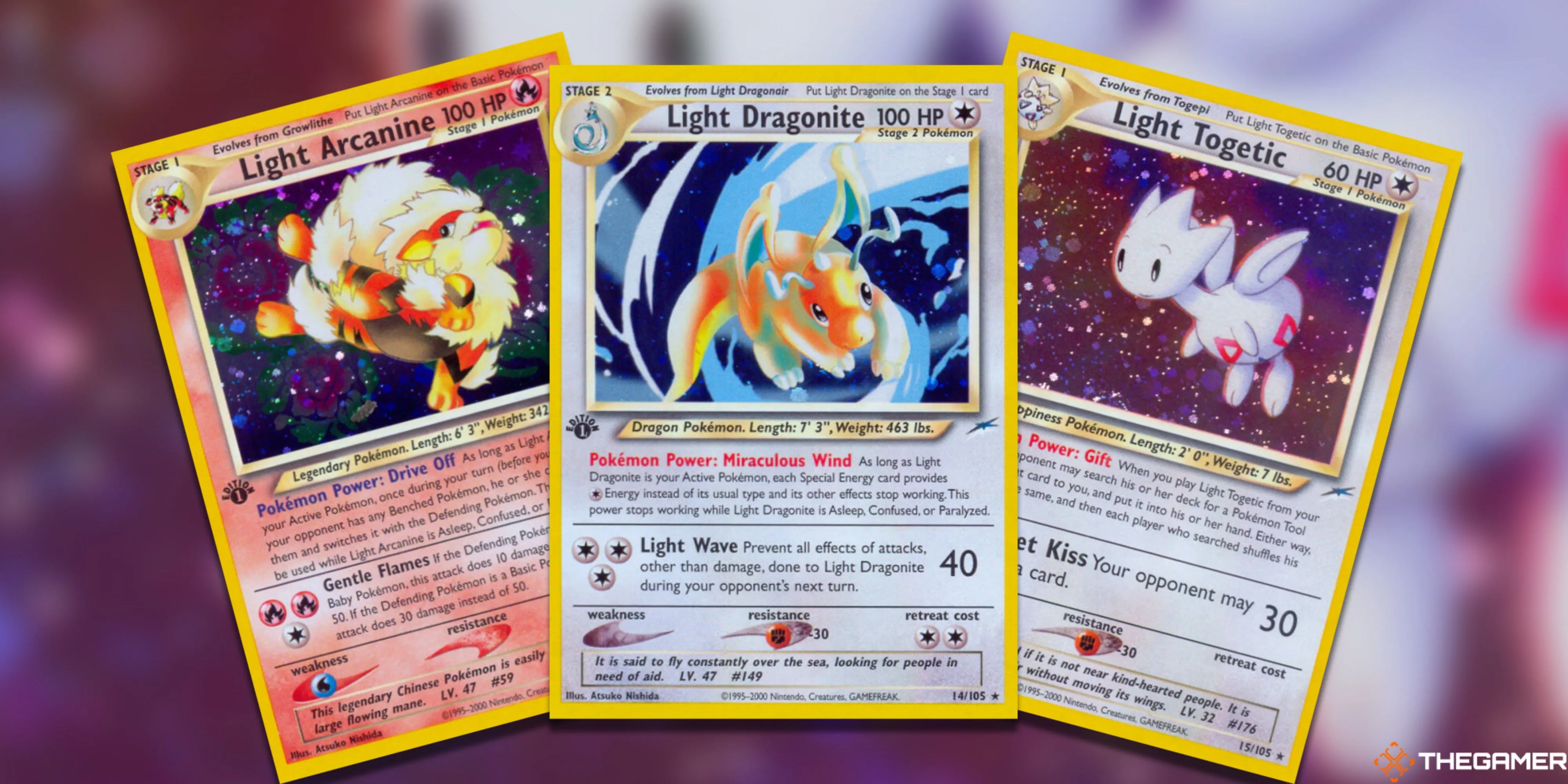 Bộ sưu tập ba thẻ bài Light Pokemon: Arcanine, Dragonite, và Togetic trong Pokemon TCG