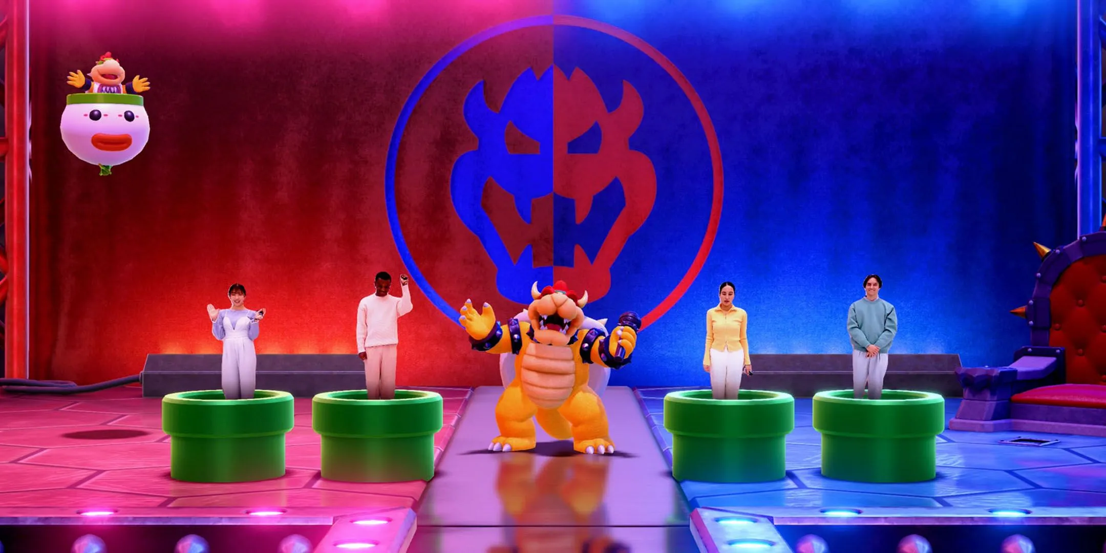 Bốn người chơi cùng nhau trên màn hình Super Mario Party Jamboree Nintendo Switch 2 Edition trong chế độ Jamboree TV.