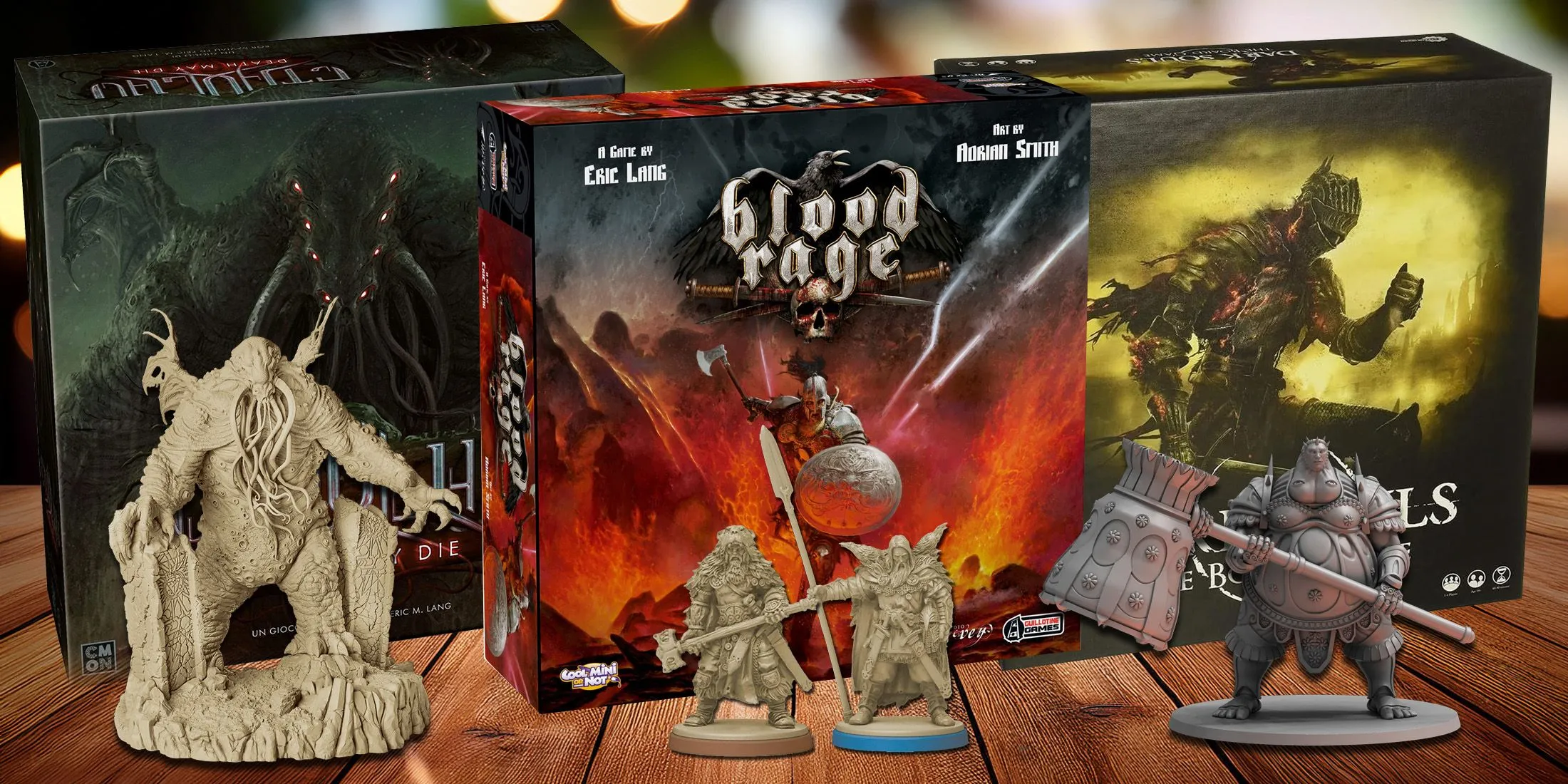Các hộp board game Cthulhu: Death May Die, Dark Souls và Blood Rage trên bàn gỗ, minh họa sự đa dạng của các game hội đồng.