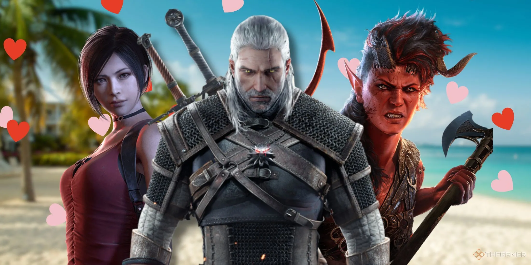 Các nhân vật game Ada Wong, Geralt và Karlach trên bãi biển giả tưởng của Love Island.