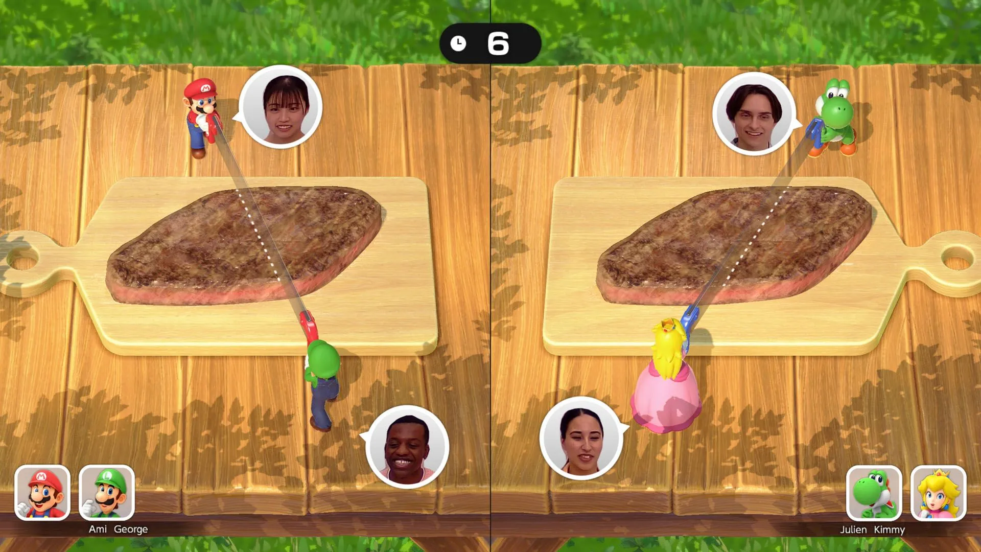 Các nhân vật Mario Party đang di chuyển trên bàn cờ khổng lồ trong Jamboree TV.