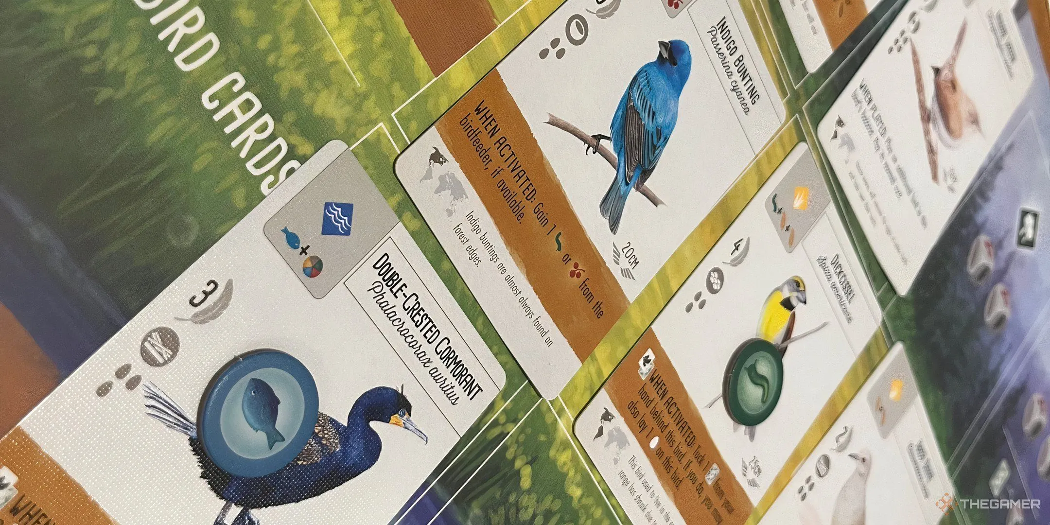 Các token thức ăn được đặt trên thẻ chim trong game Wingspan, nơi quy tắc đổi thức ăn chỉ áp dụng khi chơi thẻ.