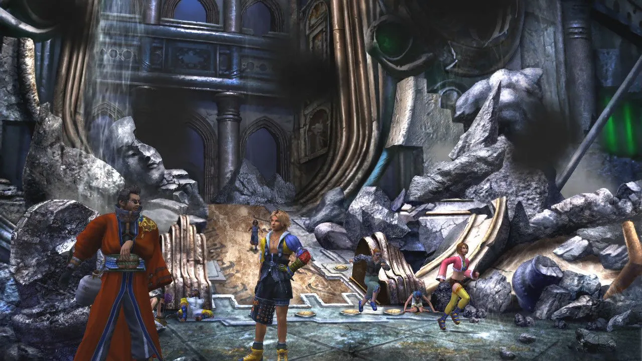 Cảnh Kimahri và Tidus tương tác tại một địa điểm trong Final Fantasy 10, thể hiện mối quan hệ phức tạp giữa các nhân vật.