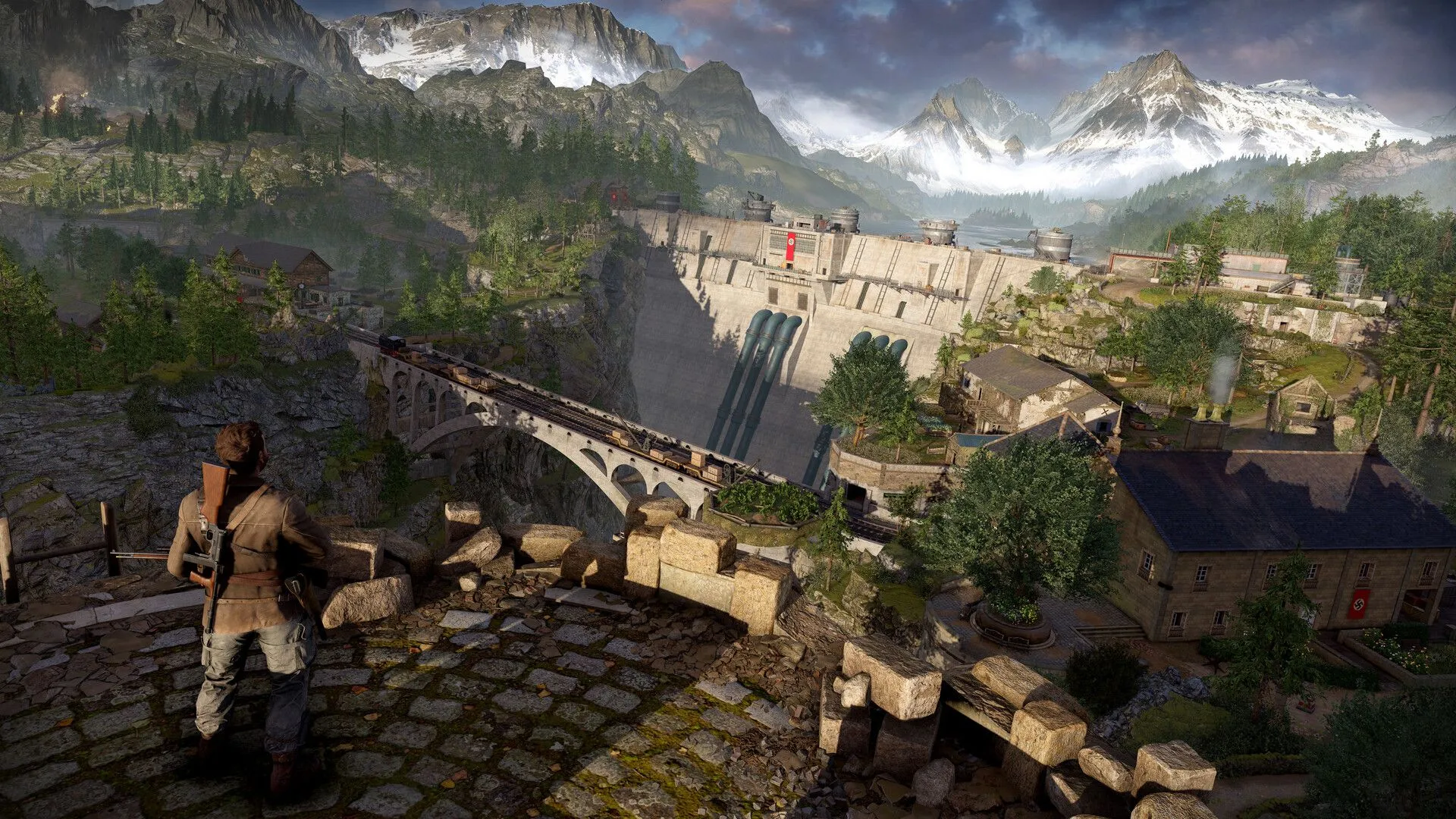 Cảnh phá hoại môi trường khi đạn xuyên qua các vật thể trong Sniper Elite: Resistance.