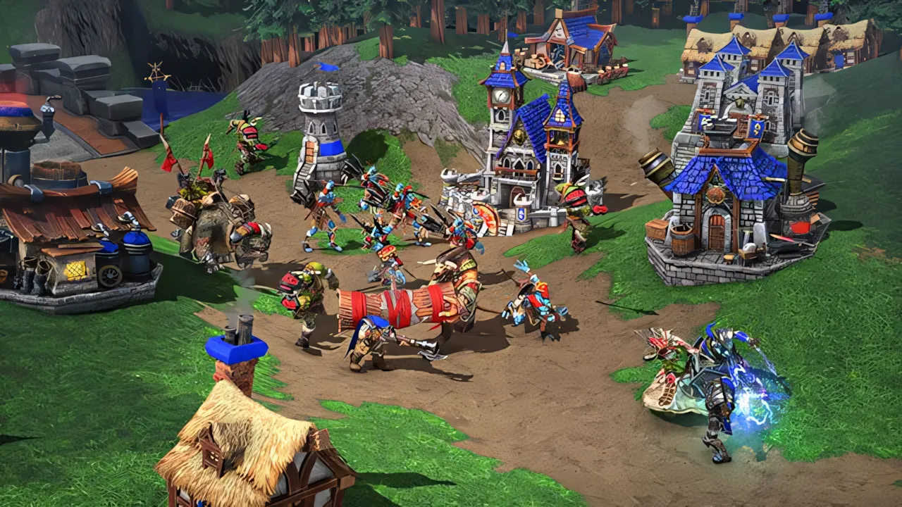 Cảnh quan một căn cứ của người Orc trong Warcraft III: Reforged, với các công trình và đơn vị