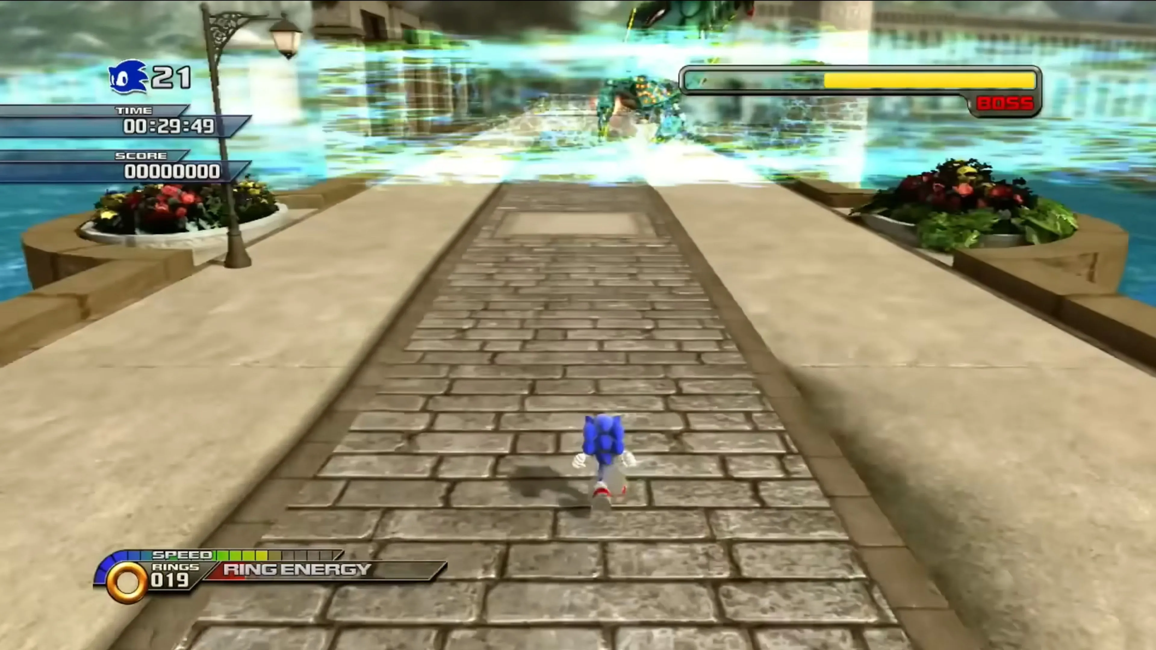 Cảnh Sonic Werehog chiến đấu vào ban đêm trong màn chơi của Sonic Unleashed