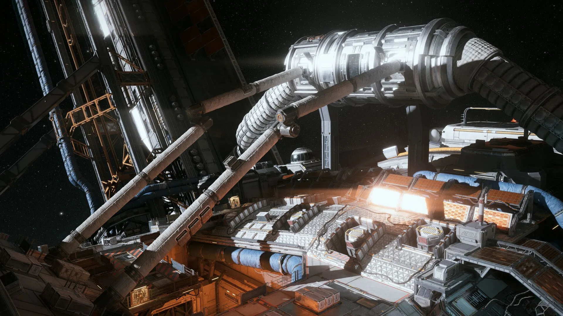 Cảnh tàu vũ trụ hoặc trạm không gian trong The Expanse Osiris Reborn, nhấn mạnh kiến trúc thực tế