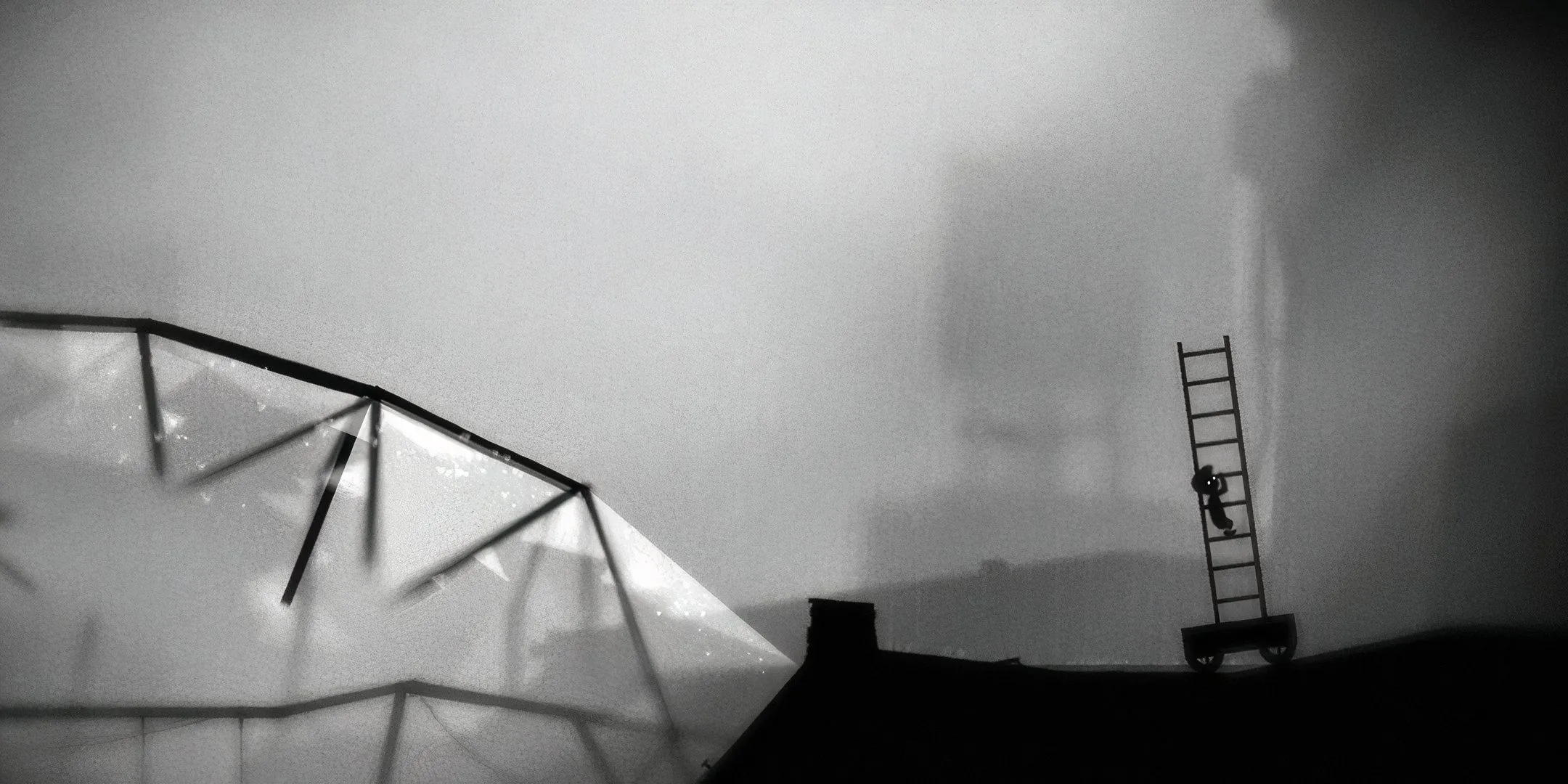 Cậu bé leo thang trong một khung cảnh hoang tàn trong game Limbo.