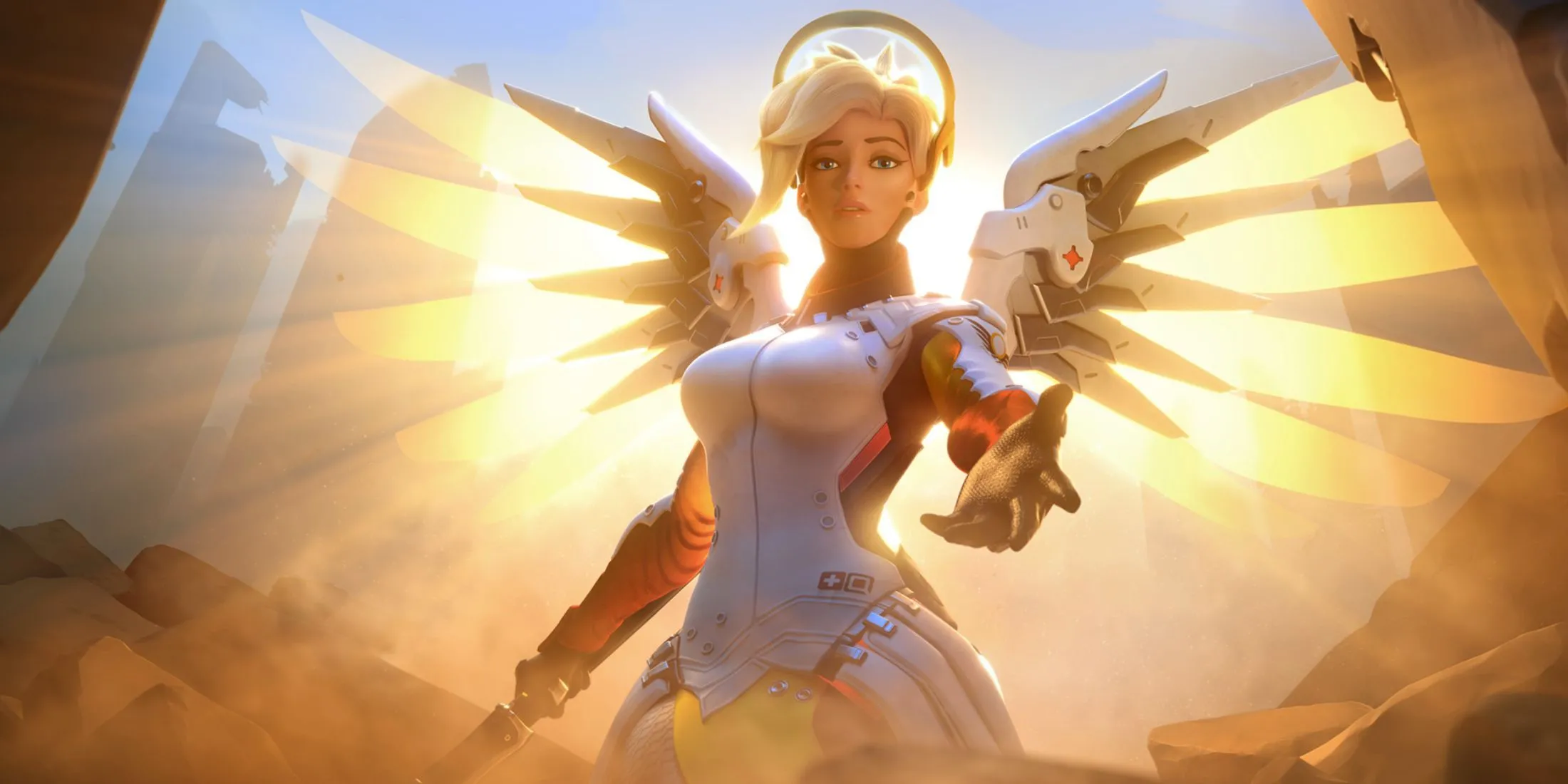 Chân dung nhân vật Mercy trong Overwatch 2 với thiết kế đặc trưng và đôi cánh