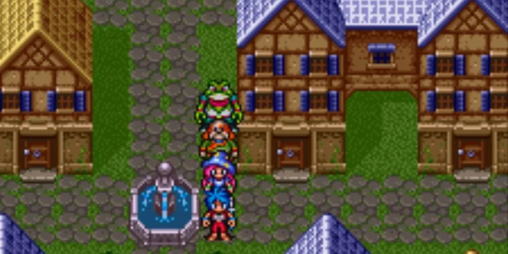 Dàn nhân vật chính đi bộ cạnh đài phun nước trong Breath of Fire 2