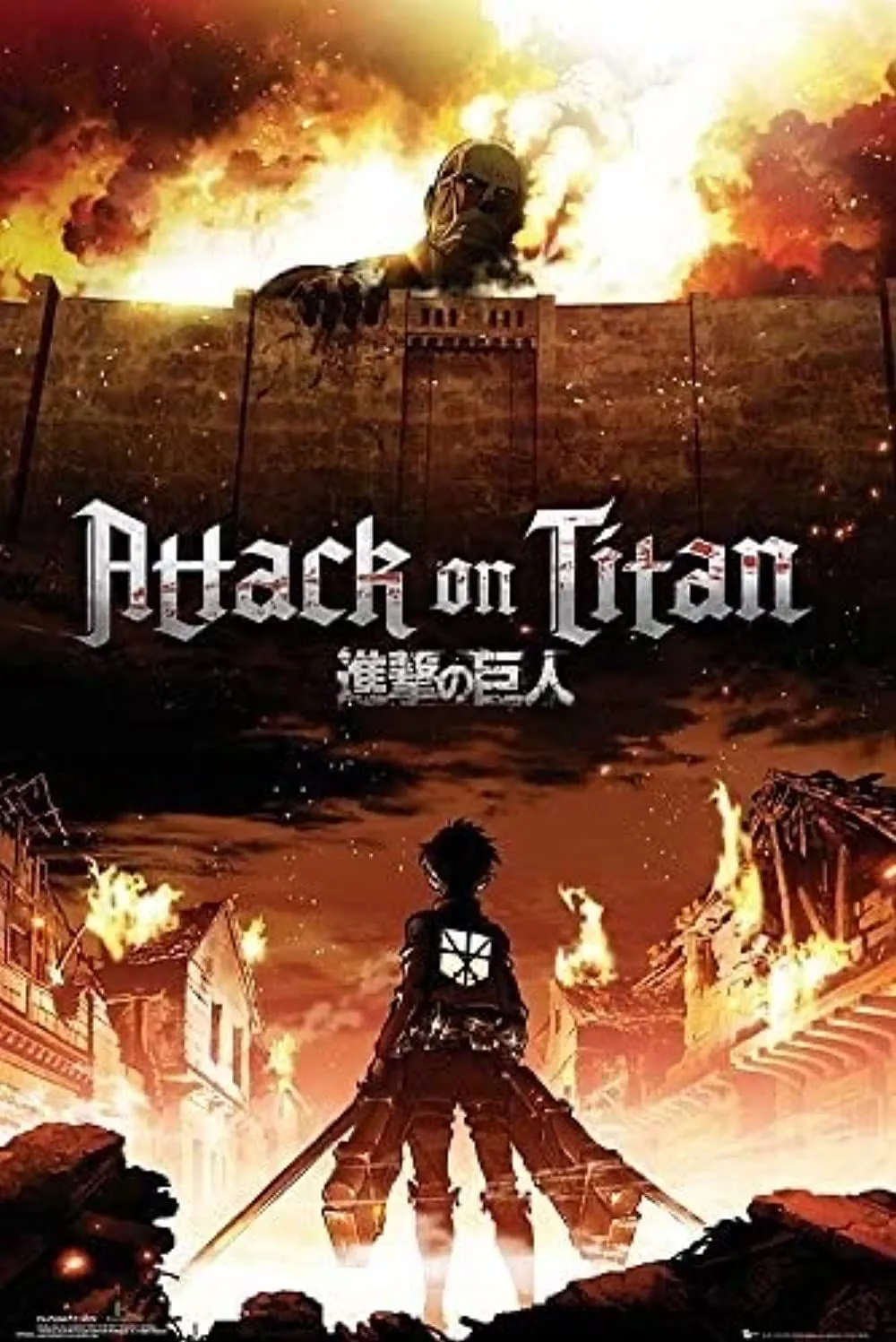 Eren Yeager trong dạng Titan Cốt Khí cùng bối cảnh thành phố bị tàn phá trên poster Attack on Titan.