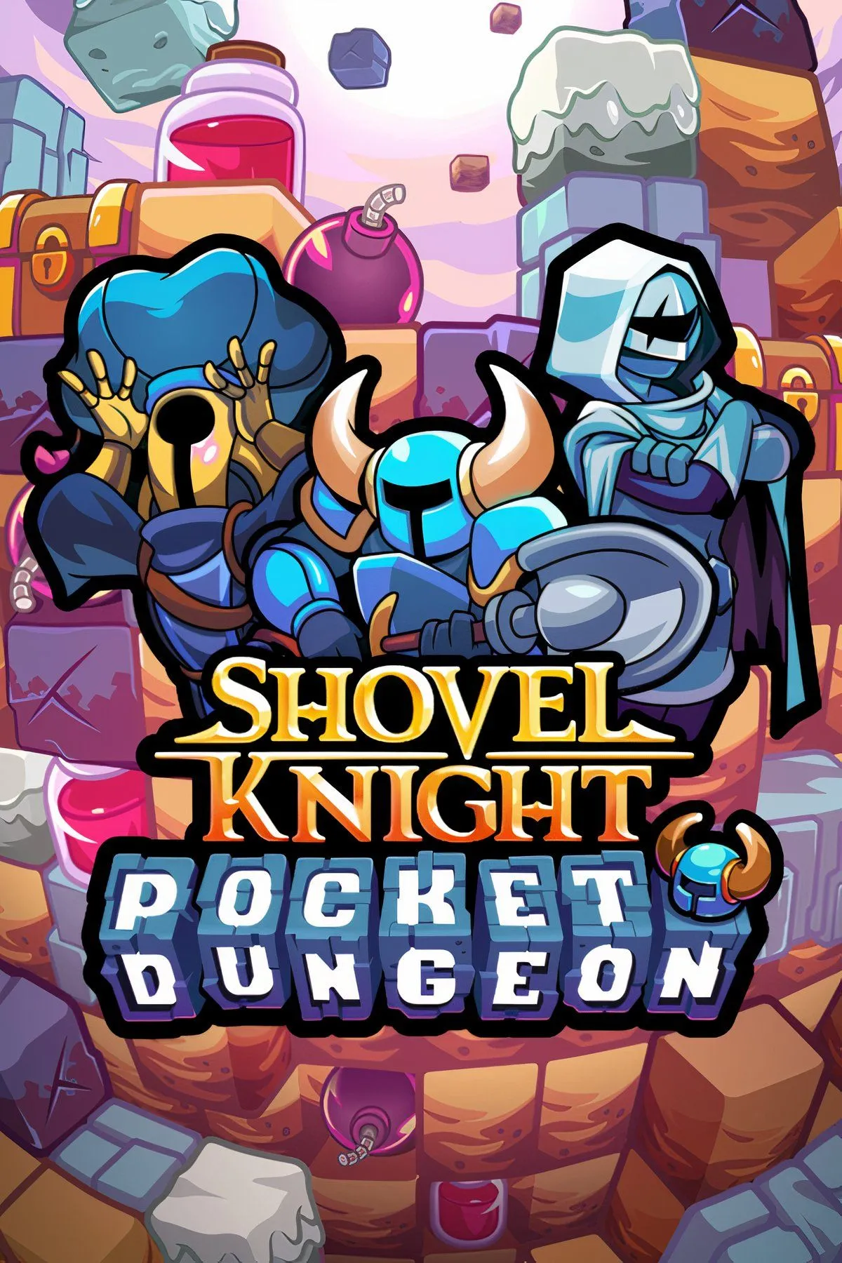 Gameplay Shovel Knight Pocket Dungeon với Shovel Knight chiến đấu giữa các khối quái vật và vật phẩm