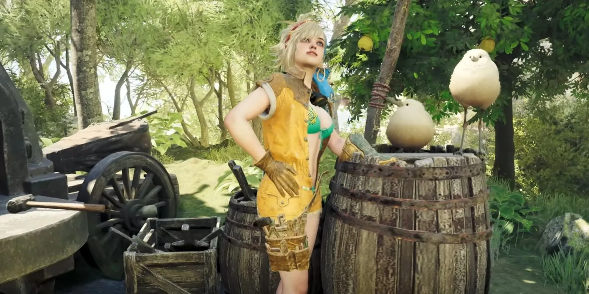 Gemma, thợ rèn quen thuộc, đứng cạnh lò rèn cùng hai chú chim trong Monster Hunter Wilds.