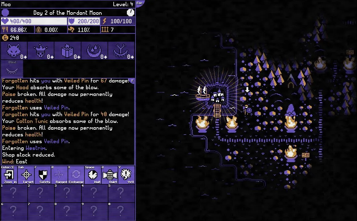 Giao diện bản đồ và quái vật trong game roguelike Moonring miễn phí