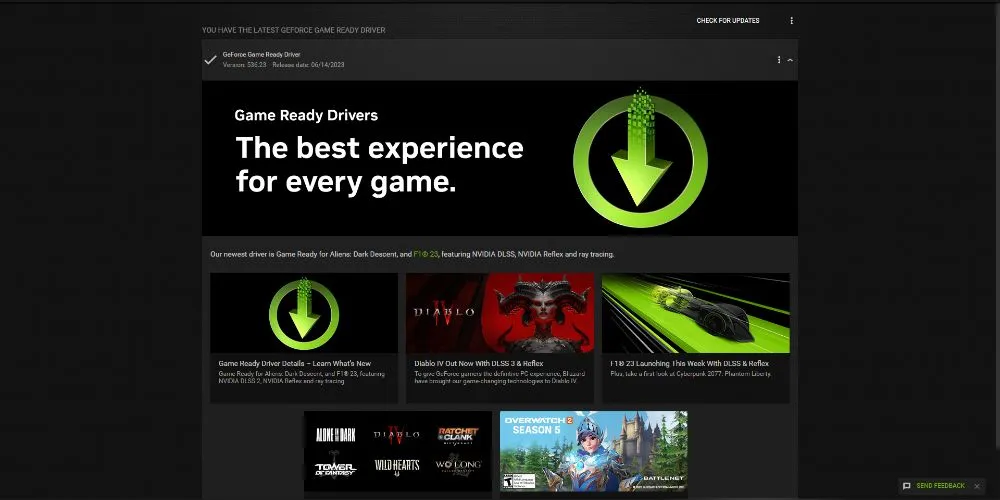 Giao diện phần mềm NVIDIA GeForce Experience đang hiển thị tùy chọn cập nhật driver đồ họa