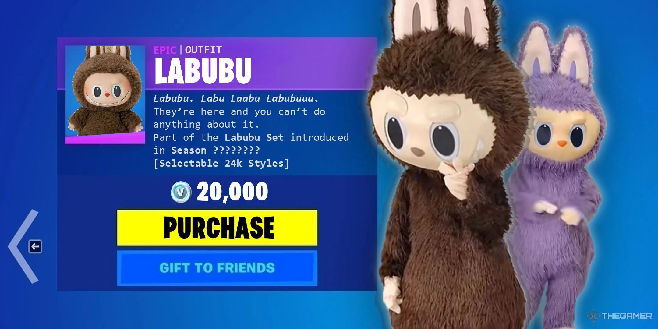 Giao diện (skin) Labubu được hình dung trong Fortnite Battle Royale, gợi ý về các vật phẩm sưu tầm.