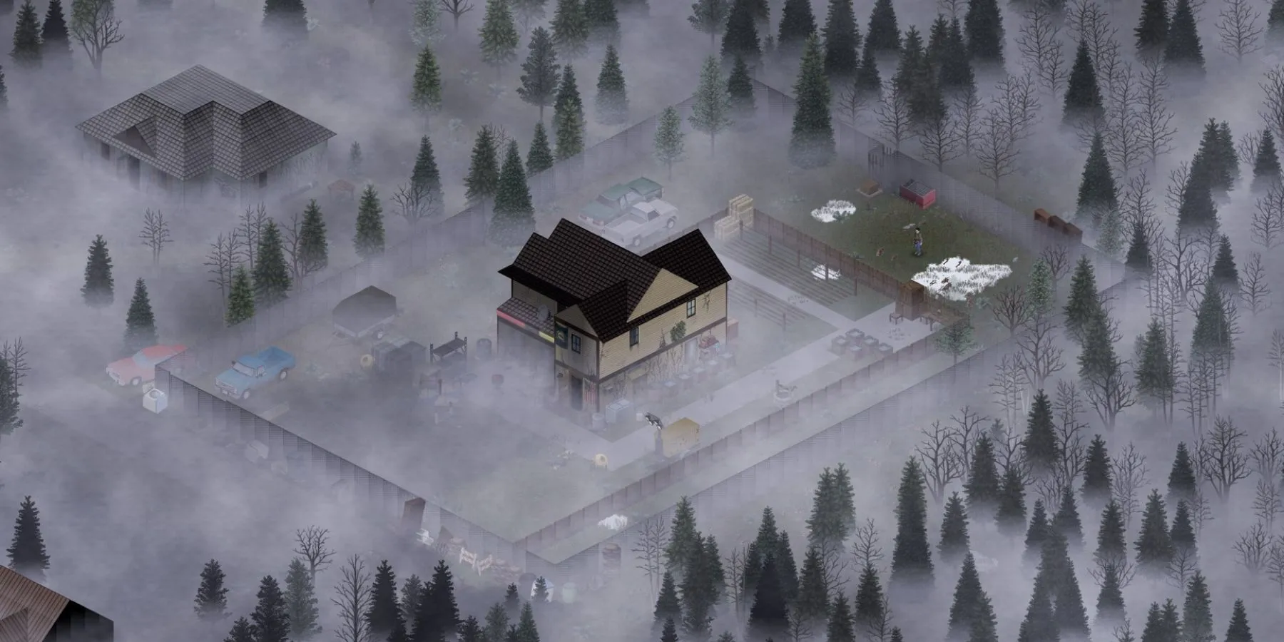 Góc nhìn isometric về một căn nhà kiên cố được người chơi xây dựng để chống lại zombie trong Project Zomboid.