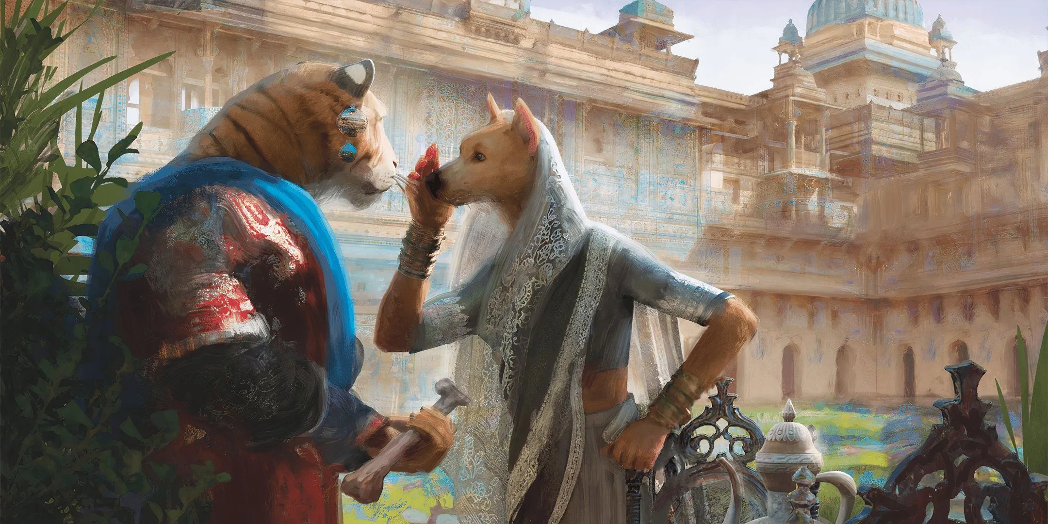 Hai người thú giao tiếp trong tòa thành Cerulean Citadel của D&amp;D, minh họa những điều kỳ lạ xảy ra thường xuyên.