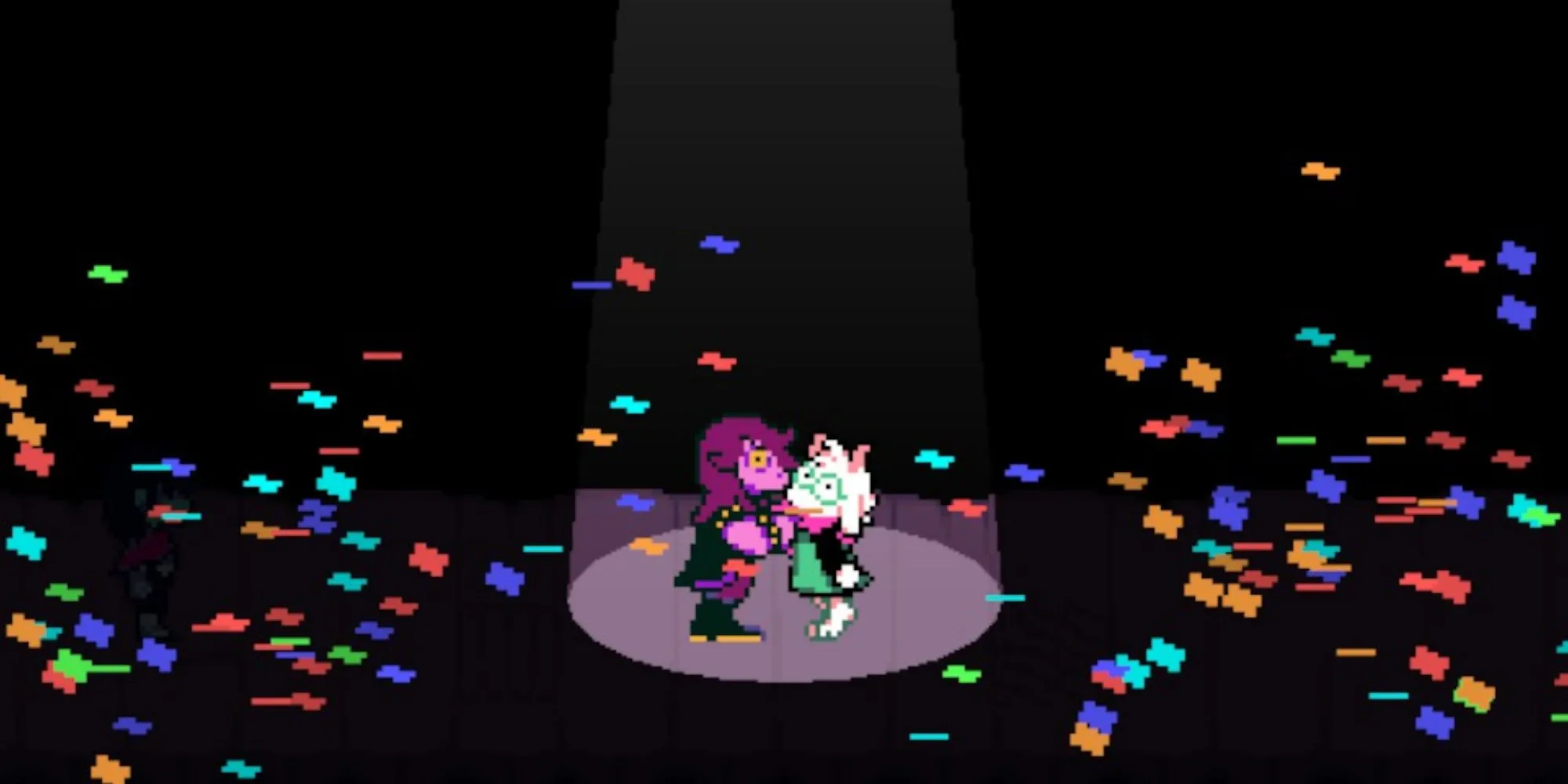 Hai nhân vật Susie và Ralsei của tựa game Deltarune đứng cạnh nhau, thể hiện phong cách đồ họa pixel đặc trưng của game indie này